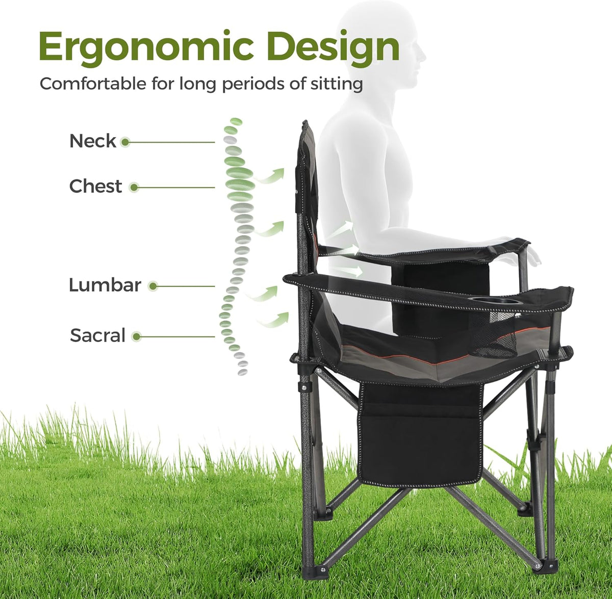 ALPHA CAMP Oversized Camping Folding Chair, Heavy Duty Support 450 LBS Steel Frame Collapsible Padded Arm Chair with Cup Holder Quad Lumbar Back, Portable for Outdoor