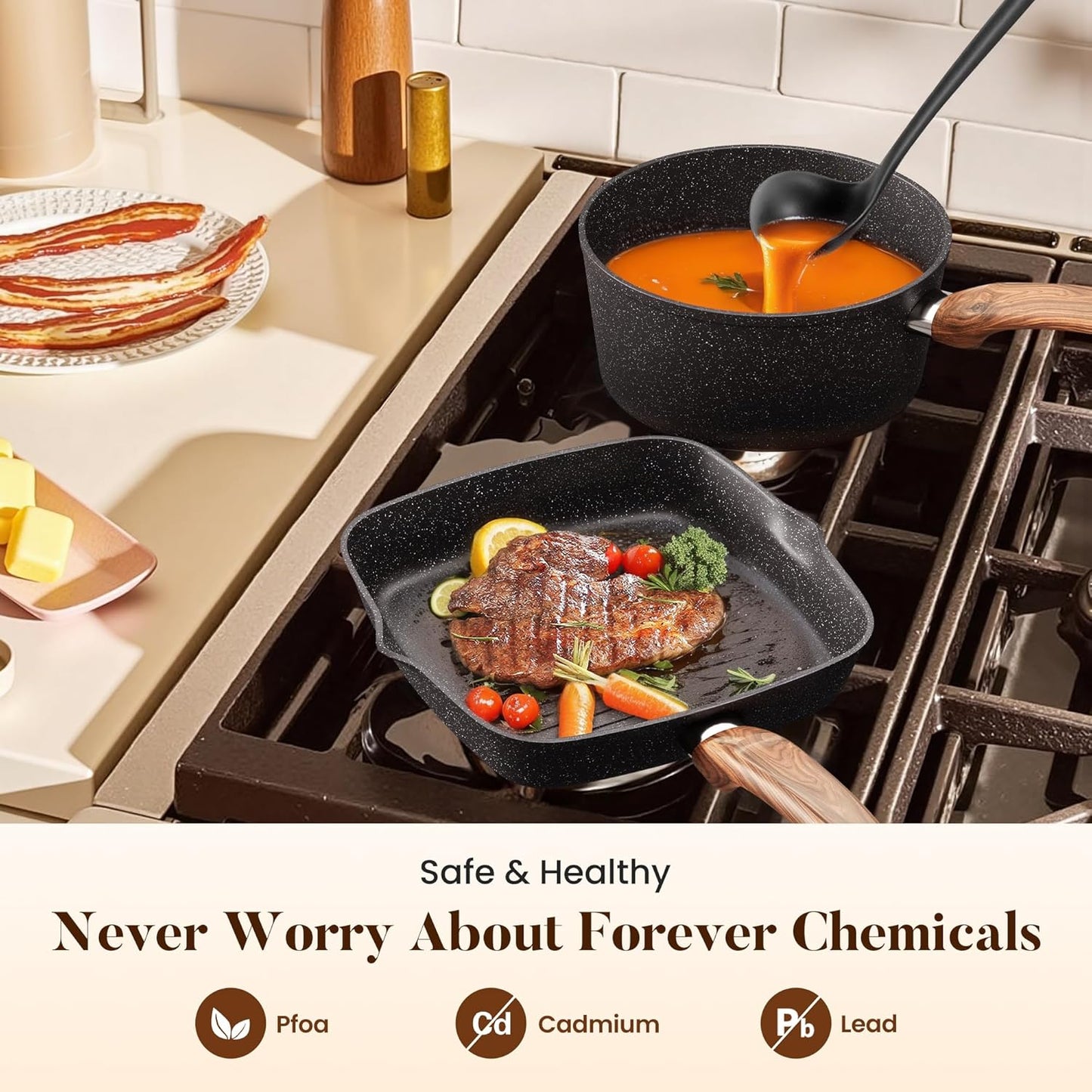 Kitchen Academy Induction Cookware Set-17 Piece Non-stick Cooking Pan Set, Black Granite Pots and Pans Set