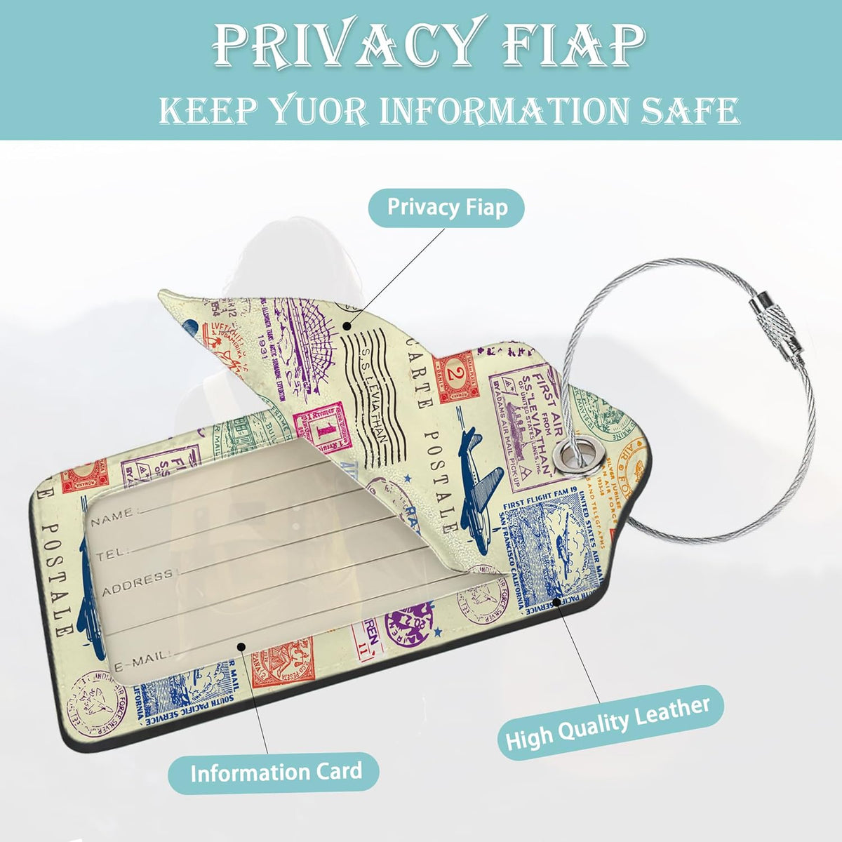 Travel Stamp Luggage Tags for Suitcase,2 Pack Retro Passport Carte Postale Luggage Tag Leather Privacy Cover ID Label with Stainless Steel Loop for Women Men Kids Girls