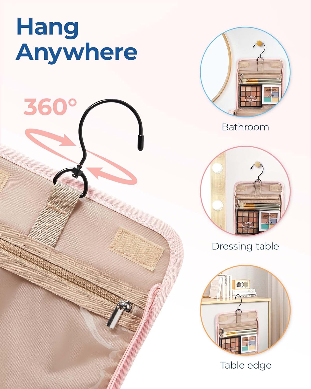 BAGSMART Makeup Bag for Women with Hanging Hook, Large Portable Capacity Water-resistant Organizer Travel Case for Toiletries and Cosmetics, Pink