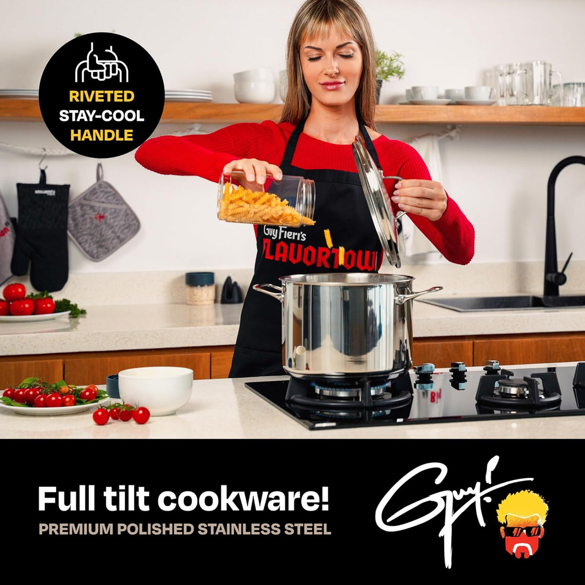 Guy Fieri's Flavortown 8-Quart Stainless Steel Stock Pot with Tempered Glass Lid - Kitchen Cookware with Tri-Ply Base, Oven & Dishwasher Safe, Compatible with Induction, Gas & Electric Stovetops