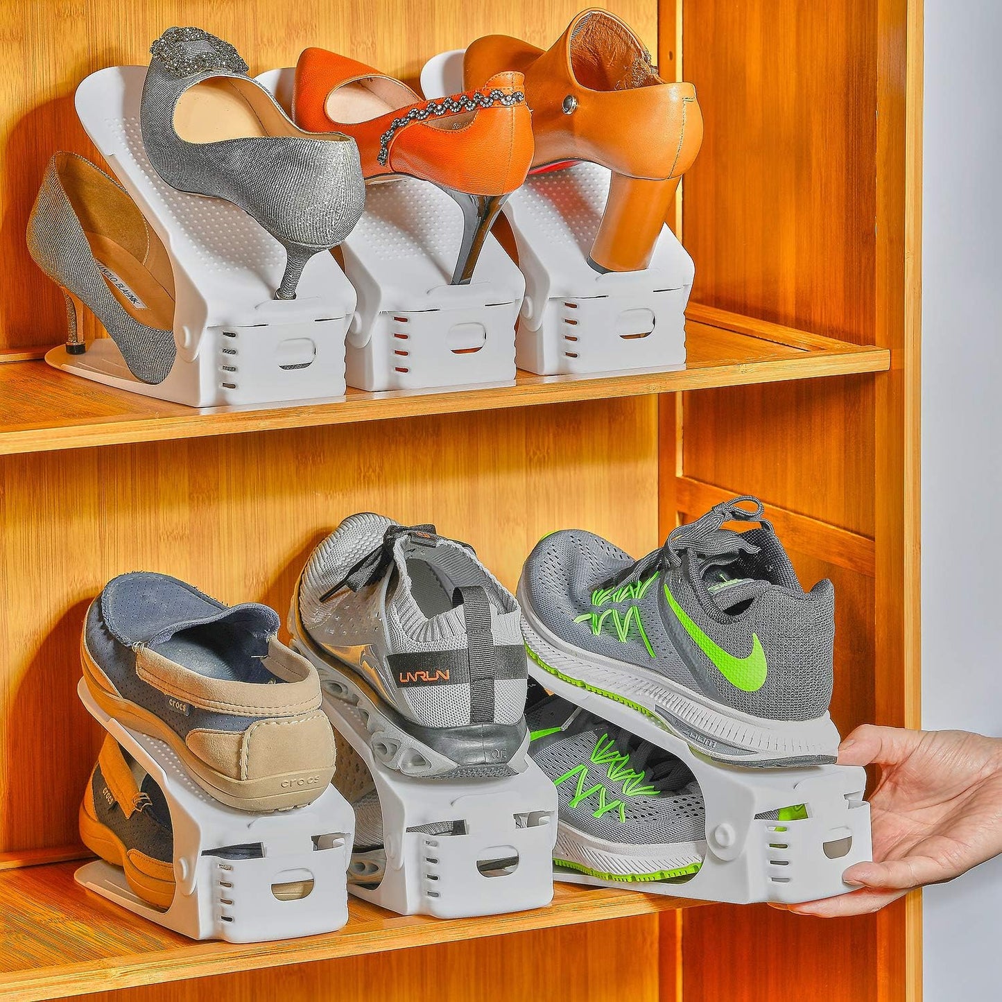 Shoe Slots Organizer, 12PCS Adjustable Double Layer Stack Shoe Rack, 50% Space-Saving Storage Rack Holder, White
