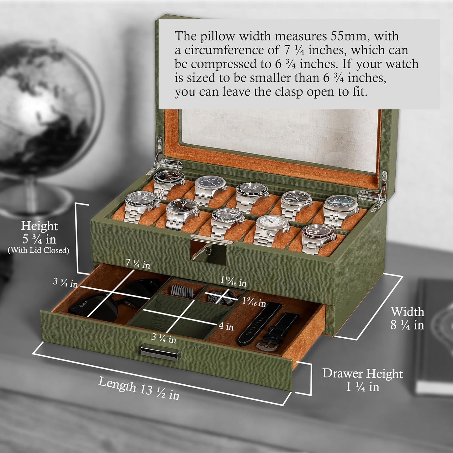 ROTHWELL 10-Slot Watch Box in Leather with Valet Drawer, Luxury Watch Case Display Organizer with Ultra Soft Microsuede Liner, Jewelry and Sunglass Holder With Large Glass top (Green/Tan)