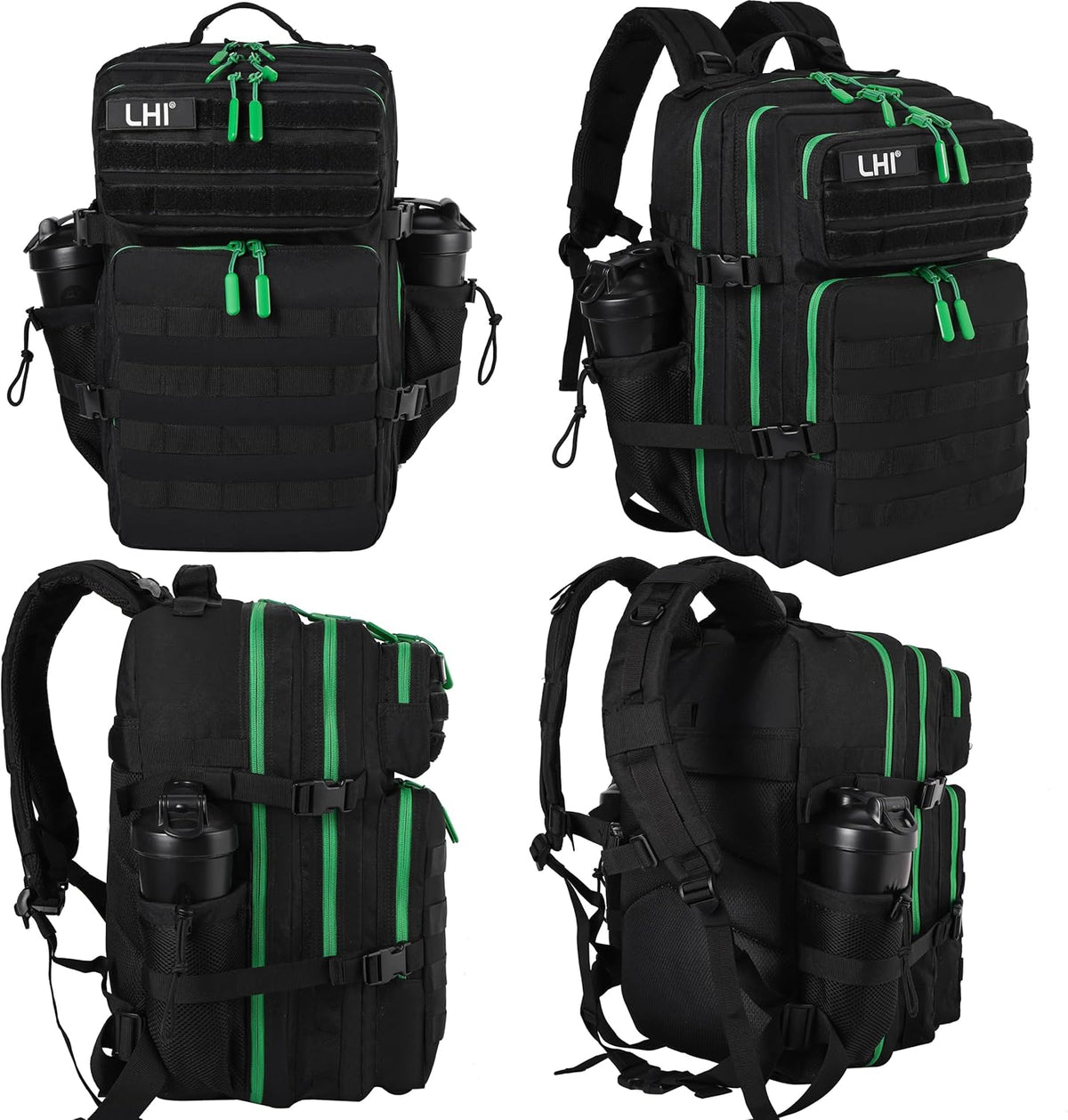 LHI Military Tactical Backpack for Men and Women 45L Army 3 Days Assault Pack Bag Large Rucksack with Molle System - Black with green zipper