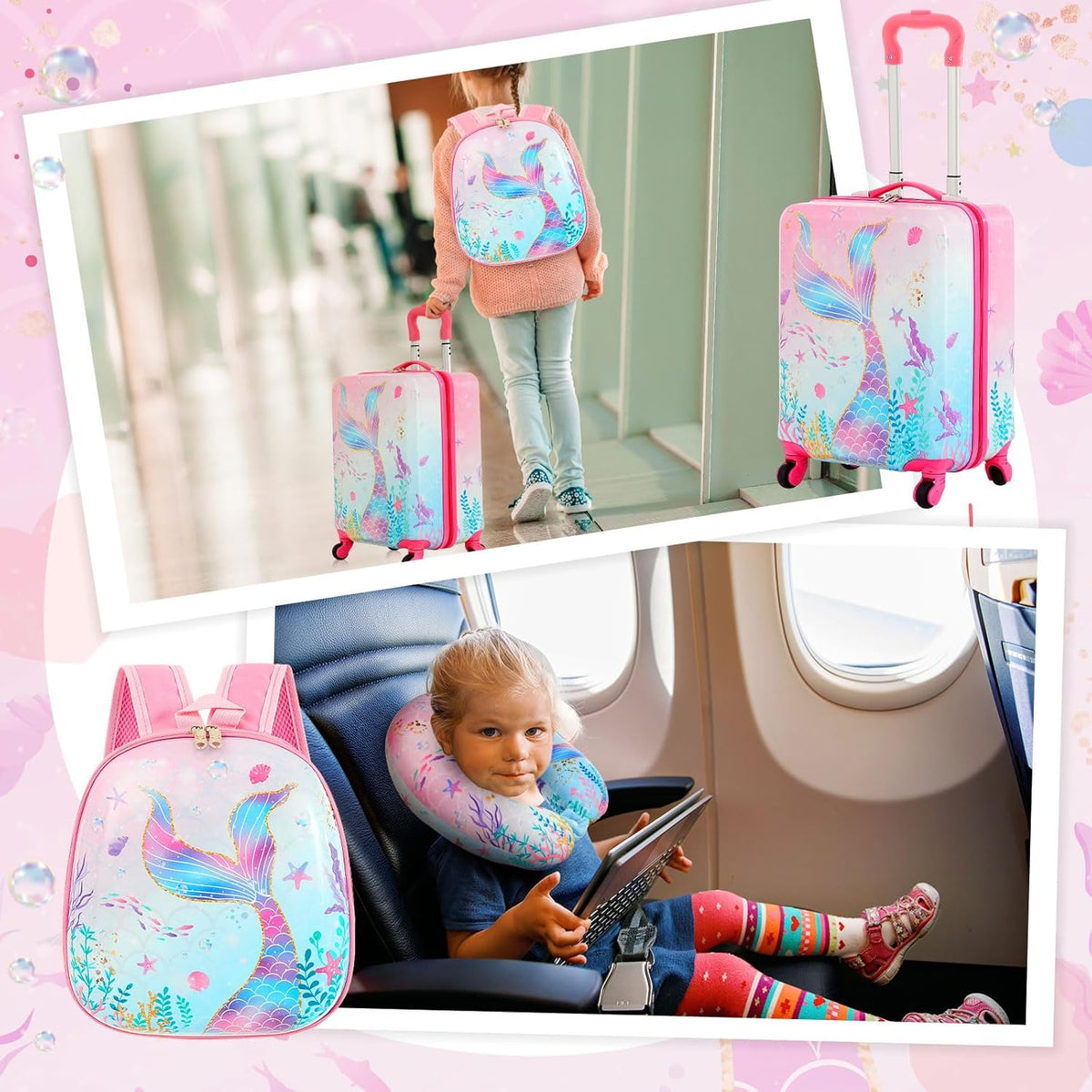 Sanwuta 4 Pcs Kids Luggage Set Kids Backpack Travel Rolling Suitcase with Wheels U-shape Pillow Childrens Gift for Girls Boys(17 Inch,Mermaid's Tail Style,Blue Purple)