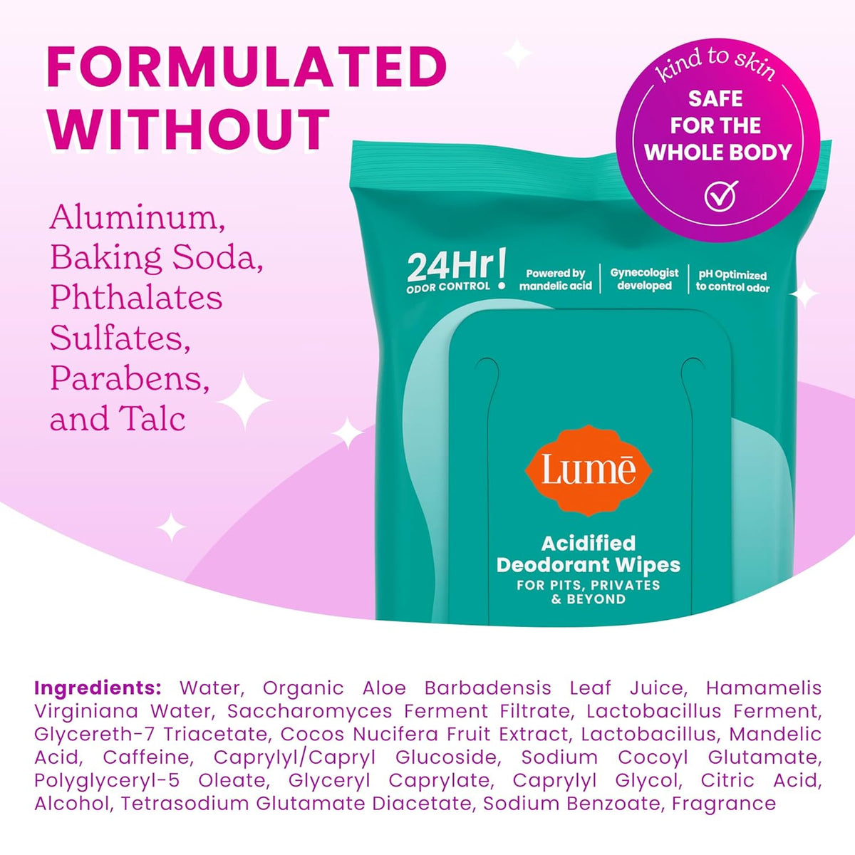 Lume Acidified Deodorant Wipes - 24 Hour Odor Control - Aluminum Free, Baking Soda Free, Skin Loving - Flushable - 15 Count (Pack of 3) (Cool Cucumber)