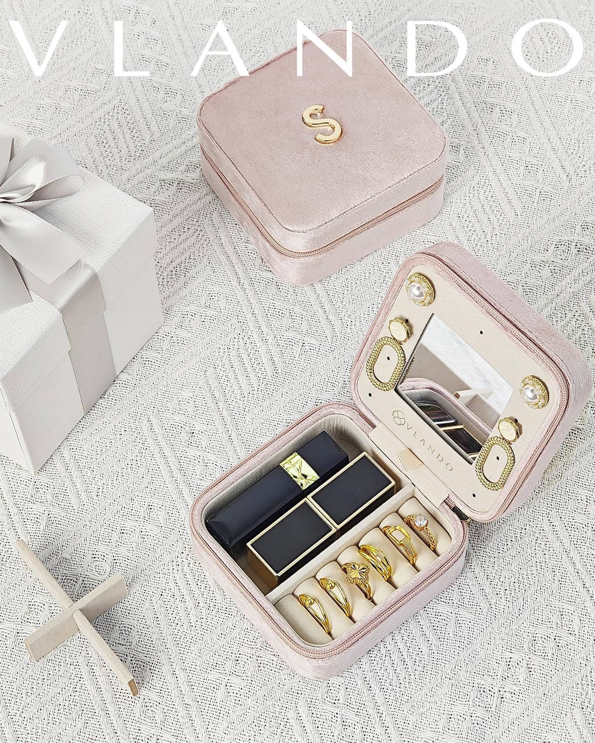Vlando Valentines Day Gifts for Her - Jewelry Organizer, Necklace, Earrings, Ring Organizer - Travel Essentials - Pink