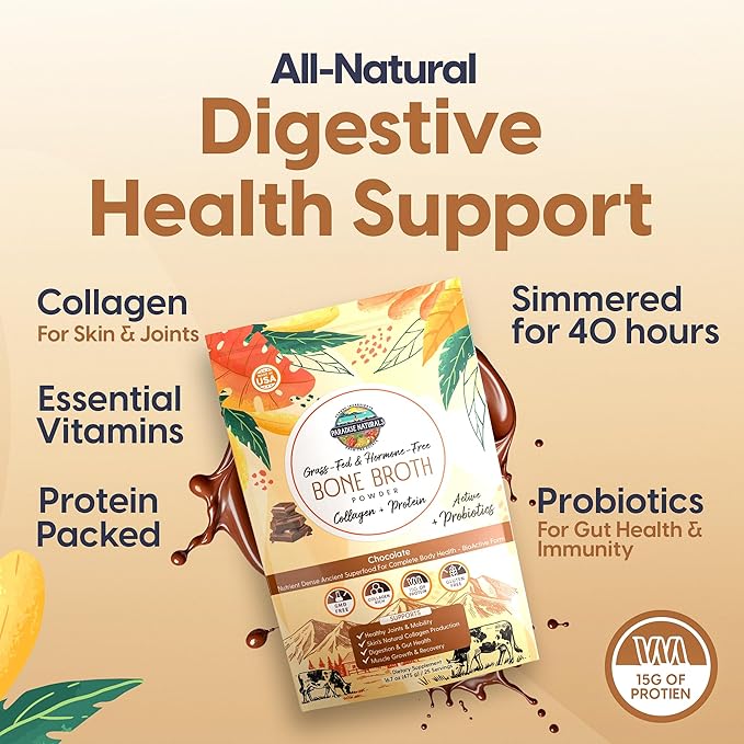 100% Grass-Fed Chocolate Bone Broth Protein Powder with Probiotics – Zero Artificial Flavors, 15g Protein, Collagen-Rich, Gut & Joint Support, Healthy Hot Chocolate, Keto, Paleo, Gluten Free