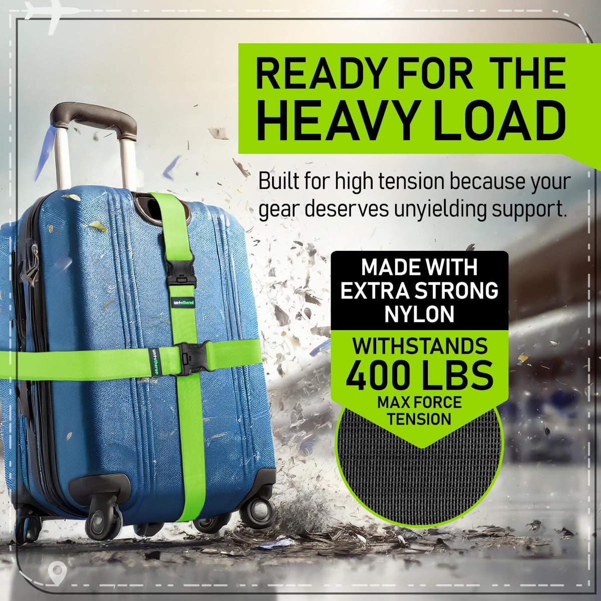 Untethered Ultimate Travel Set: 4 Premium Luggage Straps and 4 Silicone Tags - Secure & Identify Your Bags with Ease (Green + Tags)