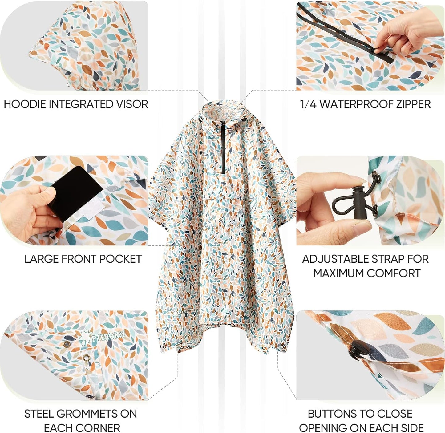 PTEROMY Hooded Rain Poncho for Adult with Pocket, Waterproof Lightweight Unisex Raincoat for Hiking Camping Emergency