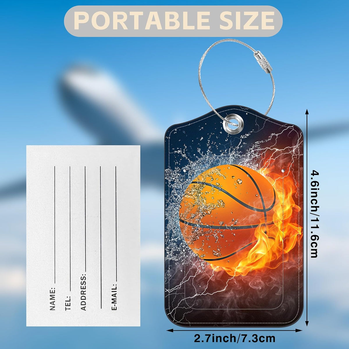 Basketball on Fire Set of 2 Luggage Tags for Suitcases Leather Suitcase Tags Identifiers with Privacy Name Address Label and Stainless Steel Loop for Women Men Travel Luggage Accessories