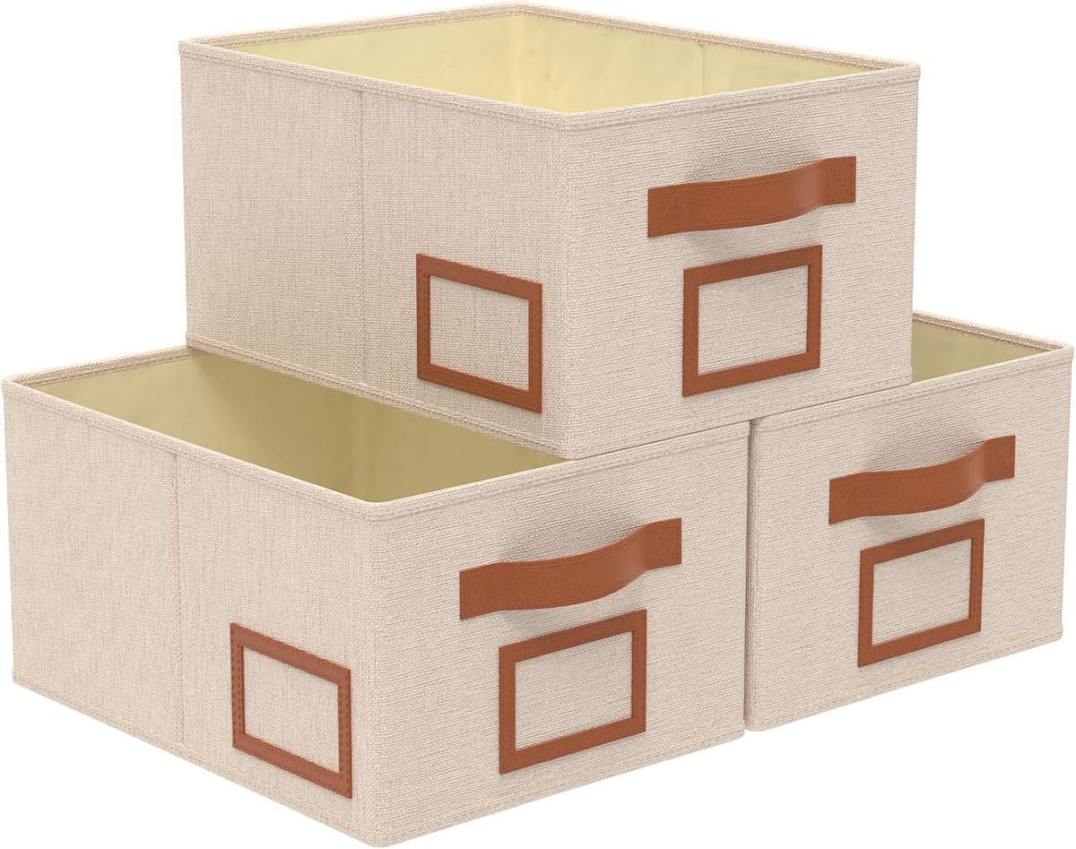 OUTBROS Foldable Storage Box for Shelves, 15 x 10.2 x 7.9 inch Fabric Baskets, Wardrobe Organiser with Handles, Suitable for Storing Clothes, Books, Cosmetics (Beige, 3-Pack)