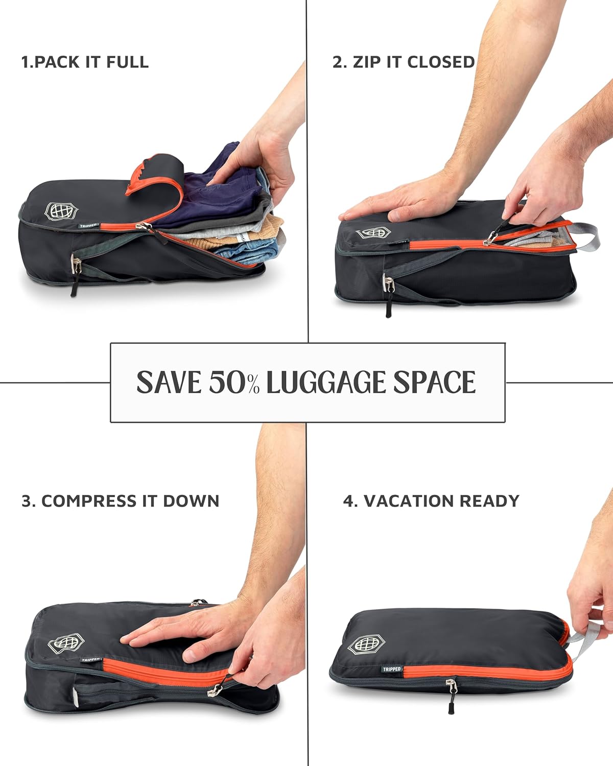 Extra Large Compression Packing Cube 6 Piece Set for Travel and Check Luggage by TRIPPED Travel Gear