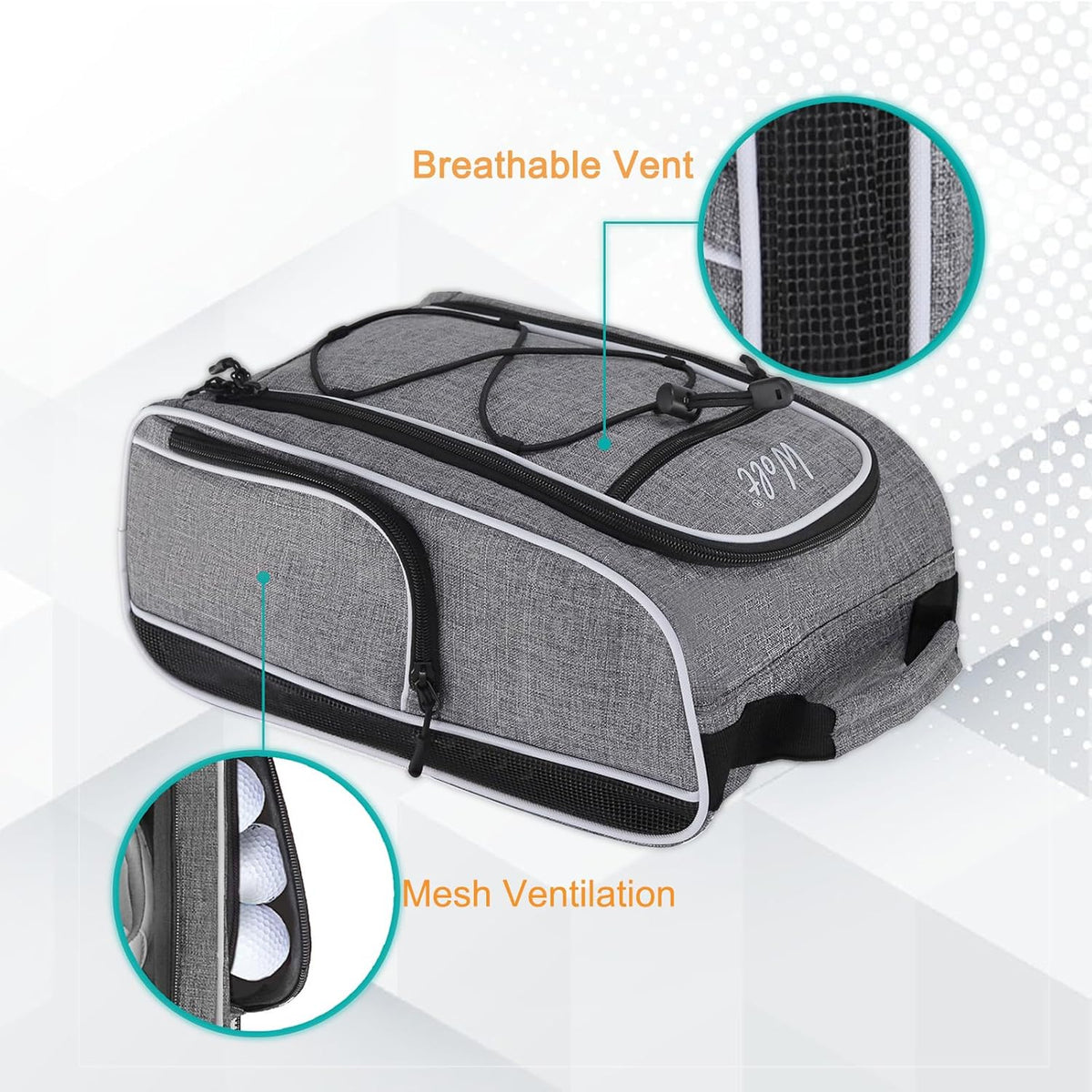 Wolt Golf Shoe Bag - Sports & Travel Shoes Carrier Bags with Ventilation & Double Outside Accessory Pocket for Socks, Tees, Golf Balls, etc. for women and men (Grey)