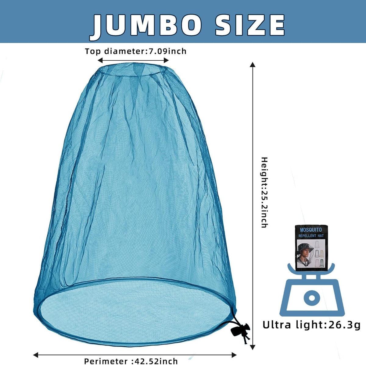 Oversized Mosquito Net 42 x 25 Inches Ultra Large Mosquito Head Net Face Neck Fly Mesh Netting Fits All Hats for Outdoor Camping Hiking Fishing Gardening Safari(Blue)