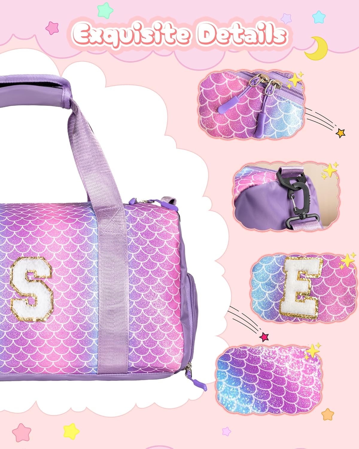 Cute Preppy Gifts for Girls-Girl Gym Bag with Shoe Compartment, Kid Personalized Weekender Overnight Bags, Initial Travel Tote with Makeup Pouch, Chenille Gift for Teen (Letter D)