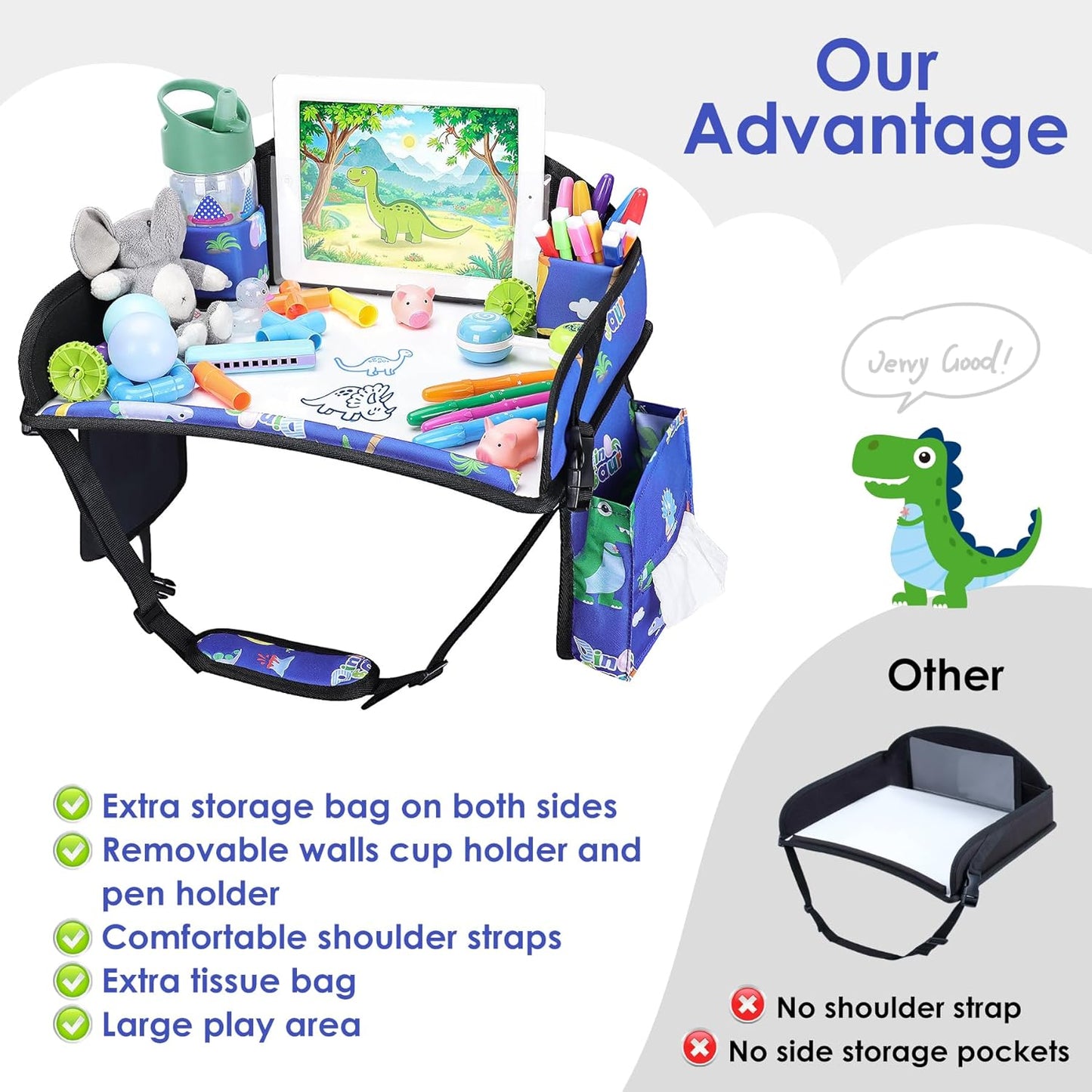 Kids Travel Tray for Airplane - Toddler Car Seat Table Tray, Road Trip Essentials for Boys & Girls, Carseat Lap Desk for Kids Road Trip Activities,Blue Dinosaur