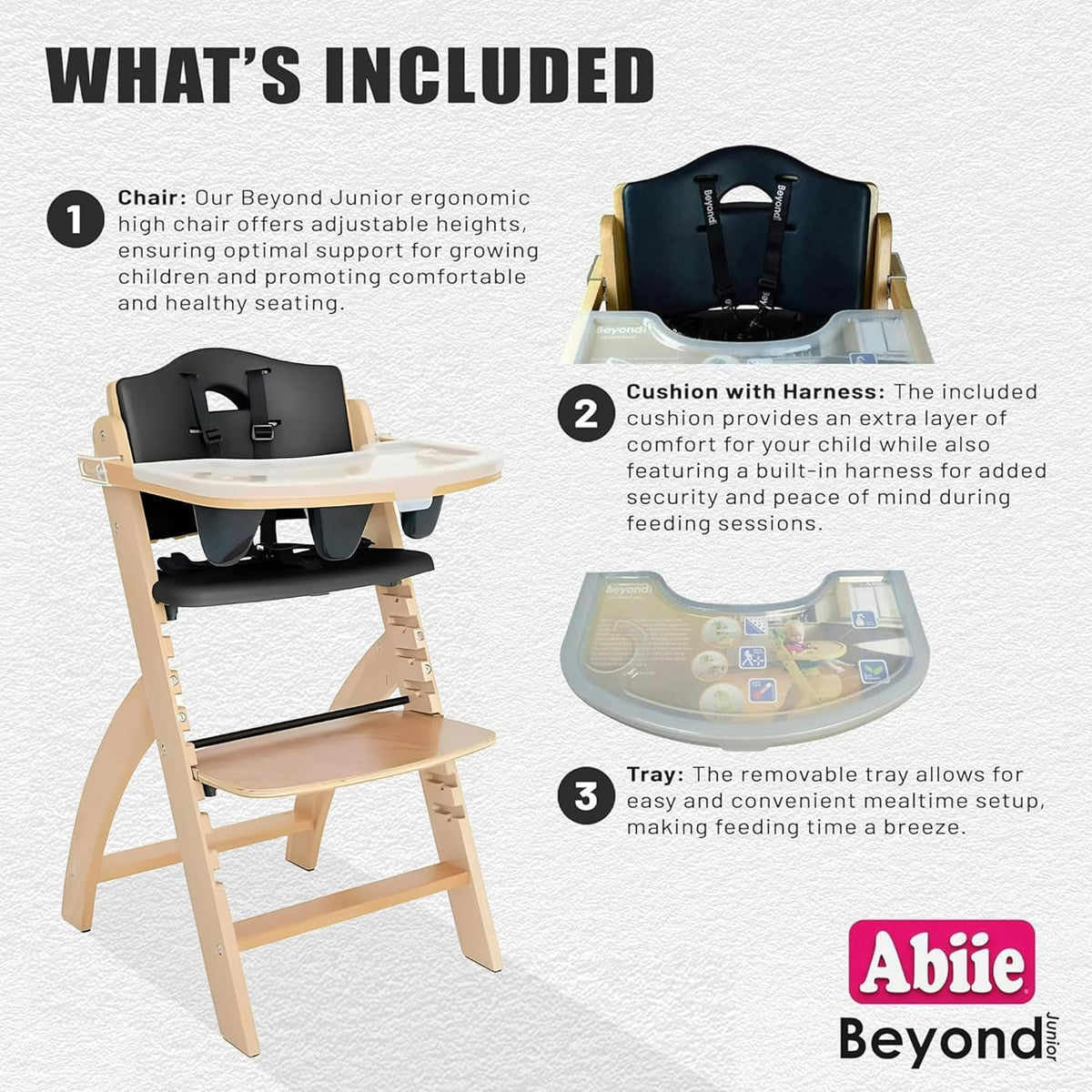 Abiie Beyond Junior Wooden High Chair with Tray - Adjustable and Convertible High Chair for Babies and Toddlers - 6 Months to 250 Lb - Water Resistant - Natural Wood/Black Pearl Cushion
