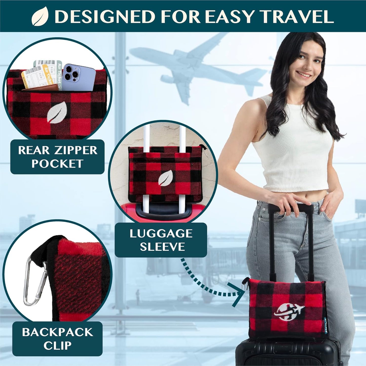 PAVILIA Travel Blanket and Pillow, Arms Opening Airplane Blankets for Adults, Compact Plane Blanket with Arm Hole 2-in-1 Bag for Flight Car Camping Luggage Backpack Traveler Gift, Checkered Red