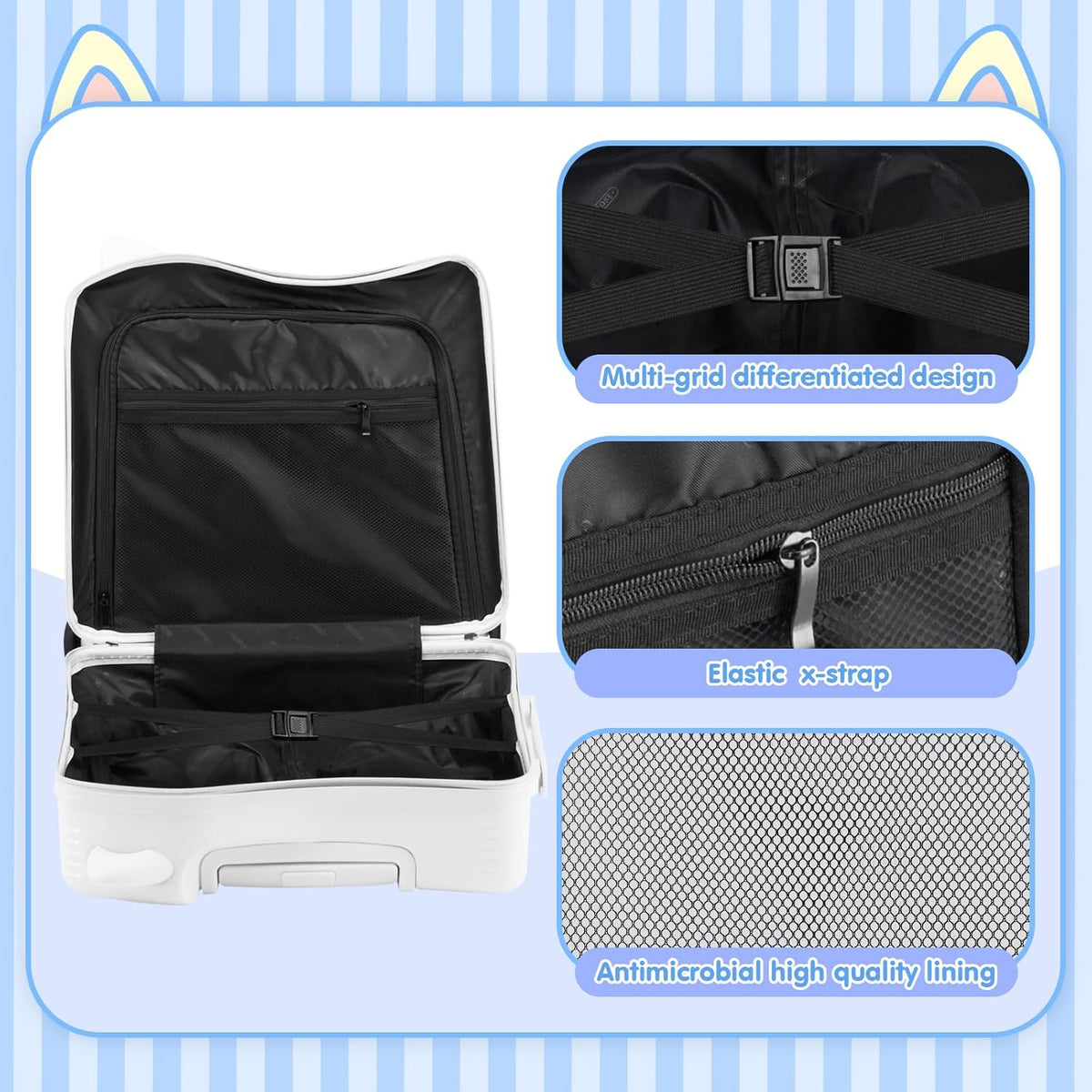smilesun 20" Ride-On Travel Suitcase for Kids, Cute Ear Toddler Carry on Luggage with Spinner Wheels, Children Rolling Trolly Luggage with Combination Lock (Matte White with Rope)