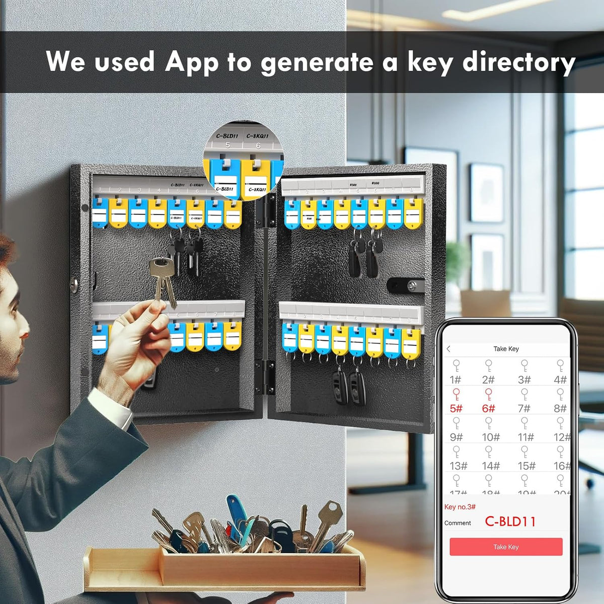 WeHere 32 Key Lock Box with Dual Lock, Combination & Key Unlock, Key Cabinet Wall Mount with Key Tag Label, Key Holder Storage Lockbox for Store, Office, Company, House, App Key Directory ERP