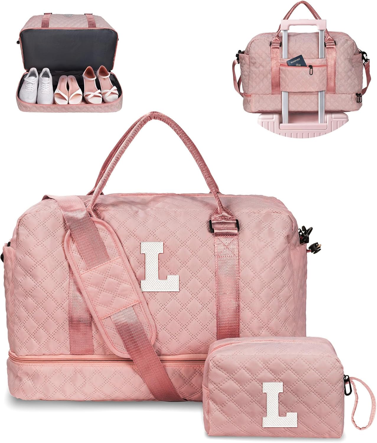 Gifts for Girls - 5 6 7 8 9 10 11 12 13 14 15 16 Year Old-Kid Duffle Bag with Shoe Compartment, Overnight Bag, Letter Travel Bag with Makeup Bag, Birthday Gift for Women Girl (Letter L)