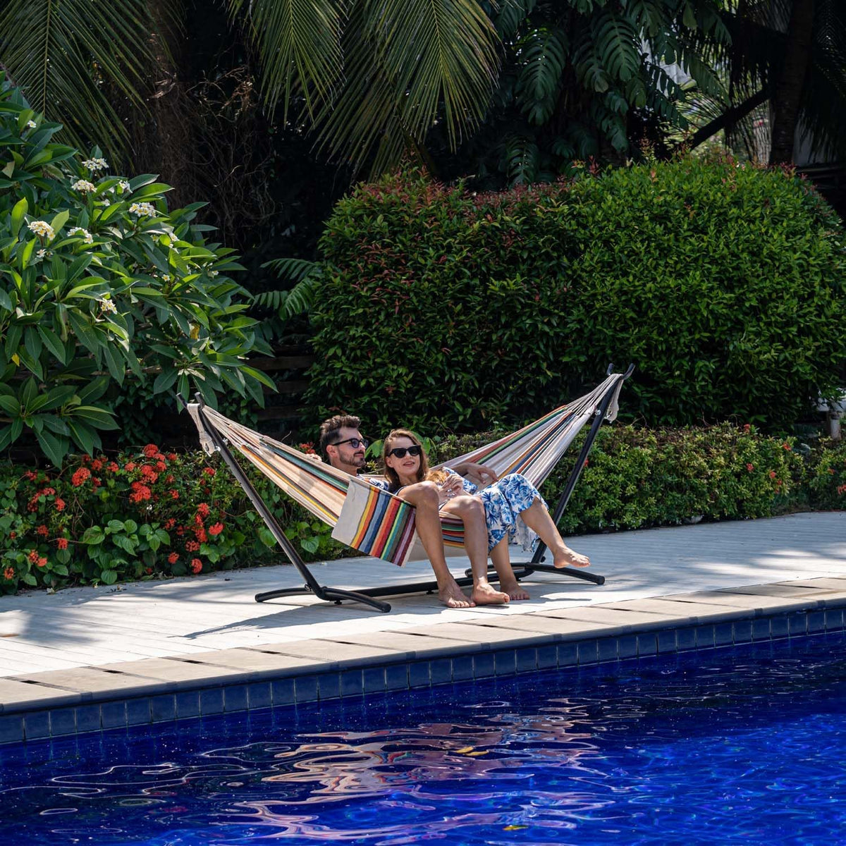 Lazy Daze Hammocks Double Hammock with 9ft Space-Saving Steel Stand Includes Portable Carrying Case, 450 Pounds Capacity (Tan Stripe)