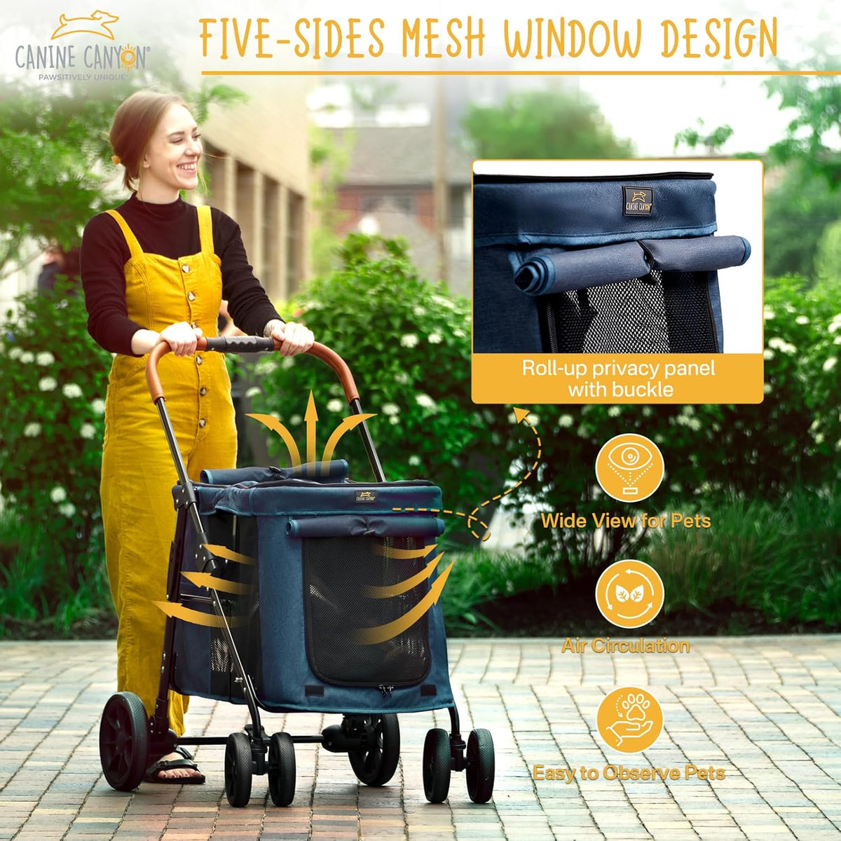 Upgraded 4 Wheels Pet Stroller for Small/Medium Dogs- One Button Fold, Adjustable Mesh Windows and Shades, 360° Swivel Front Wheels and Rear Wheel Brake