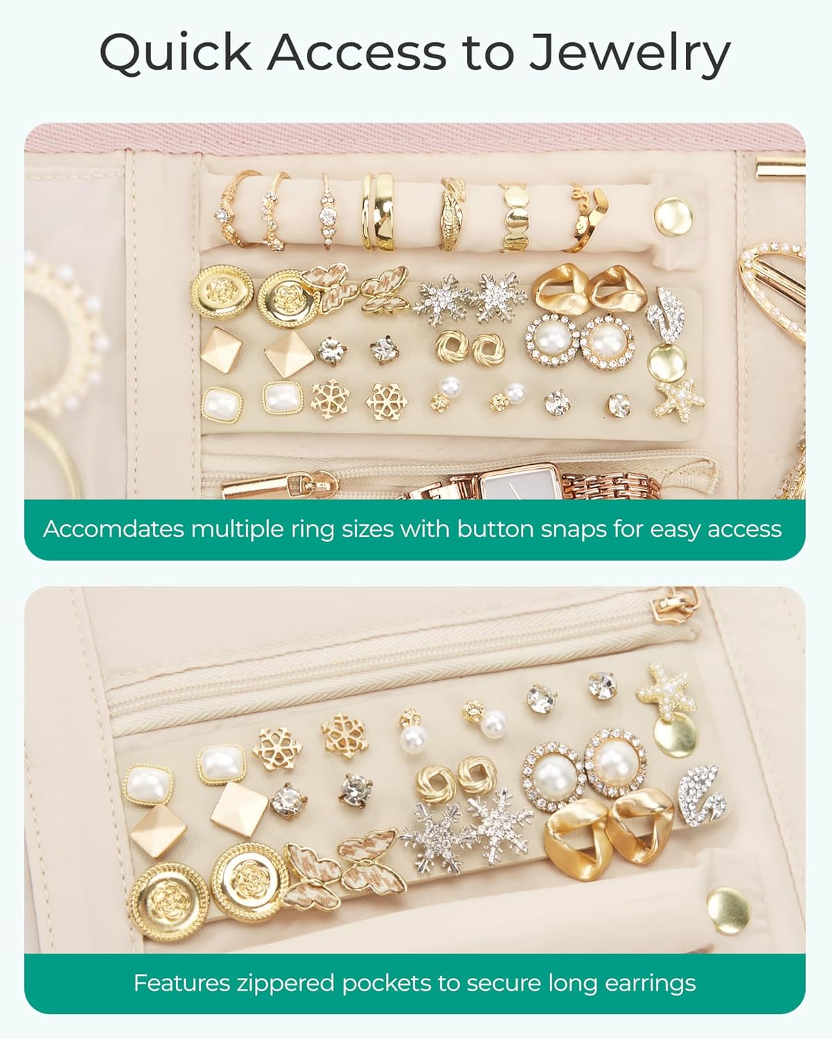 BAGSMART Travel Jewelry Case Organizer, Roll Foldable Jewelry Case for Journey-Rings, Necklaces, Earrings, Bracelets, Brooches, Min, Beige