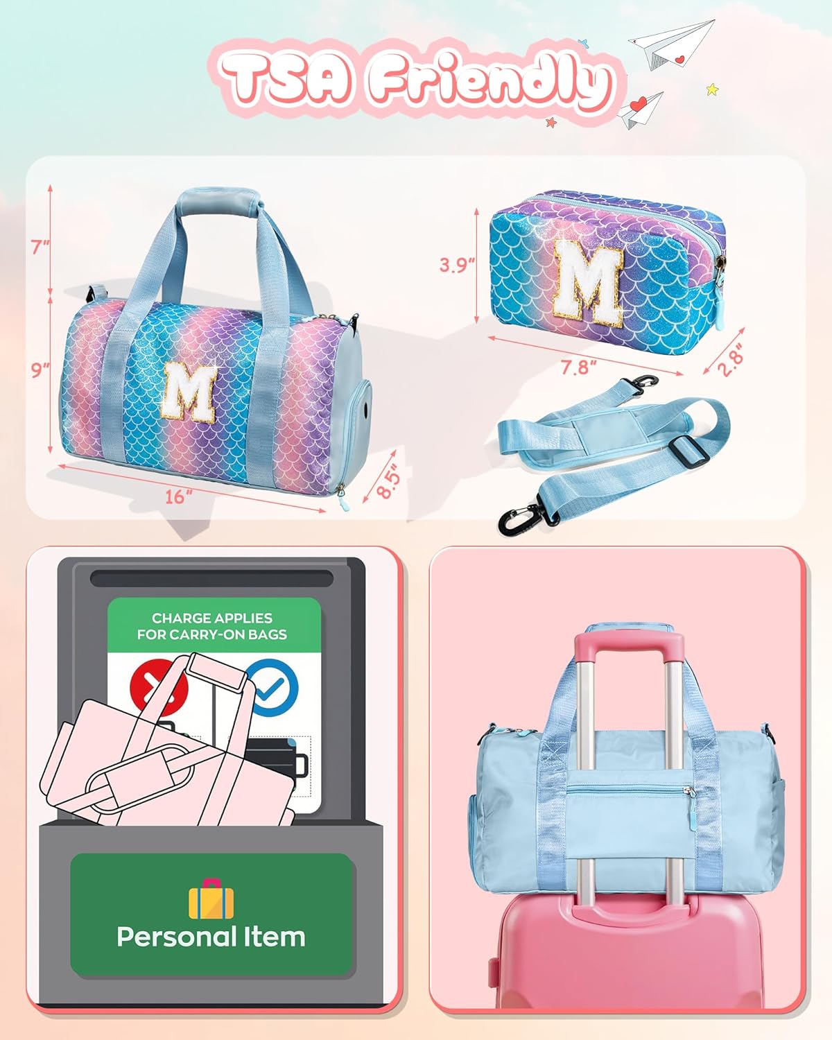 Graduation Gifts for Girls-Girl Gym Bag with Shoe Compartment, Kid Personalized Weekender Overnight Bags, Initial Travel Tote with Makeup Pouch, Gift Ideas for Niece Sister (Letter W)