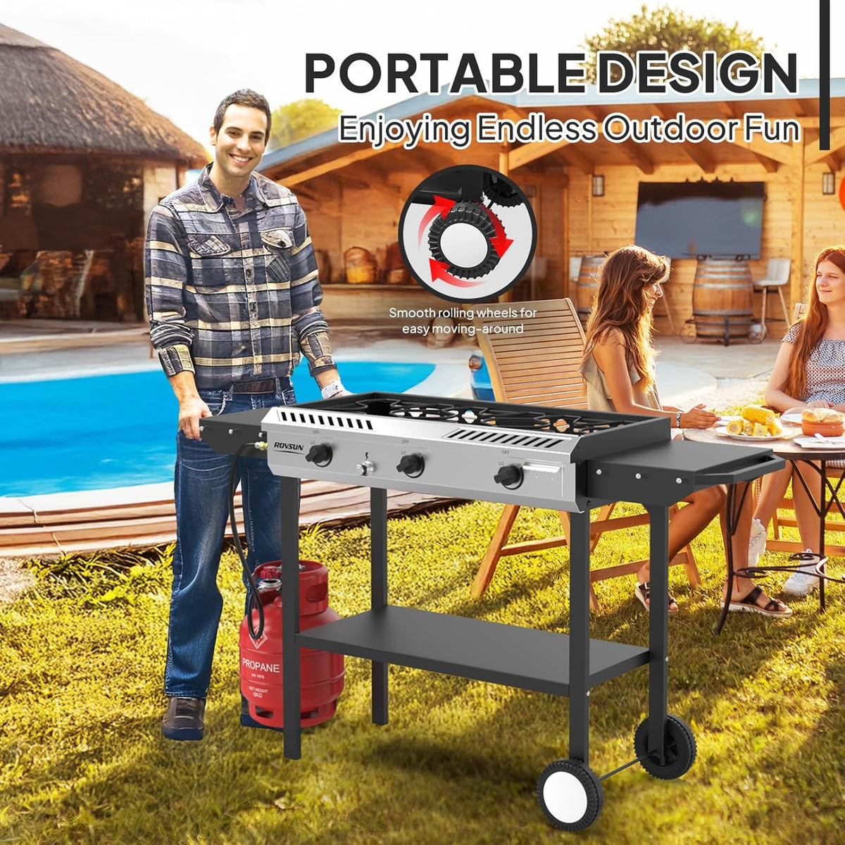ROVSUN 3 Burner Outdoor Propane Gas Stove with Ignition, Regulator & Side Shelves, 225,000 BTU Rolling Gas Stove Outdoor Cooker for Backyard Patio Cooking Home Camping Brewing Canning Turkey Frying