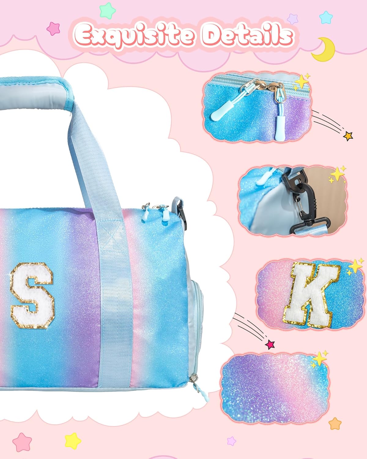 Valentines Day Gifts for Her-Girl Gym Bag with Shoe Compartment, Kid Personalized Weekender Overnight Bags, Initial Travel Tote with Makeup Pouch, Girls Kids Easter Gift (Letter V)