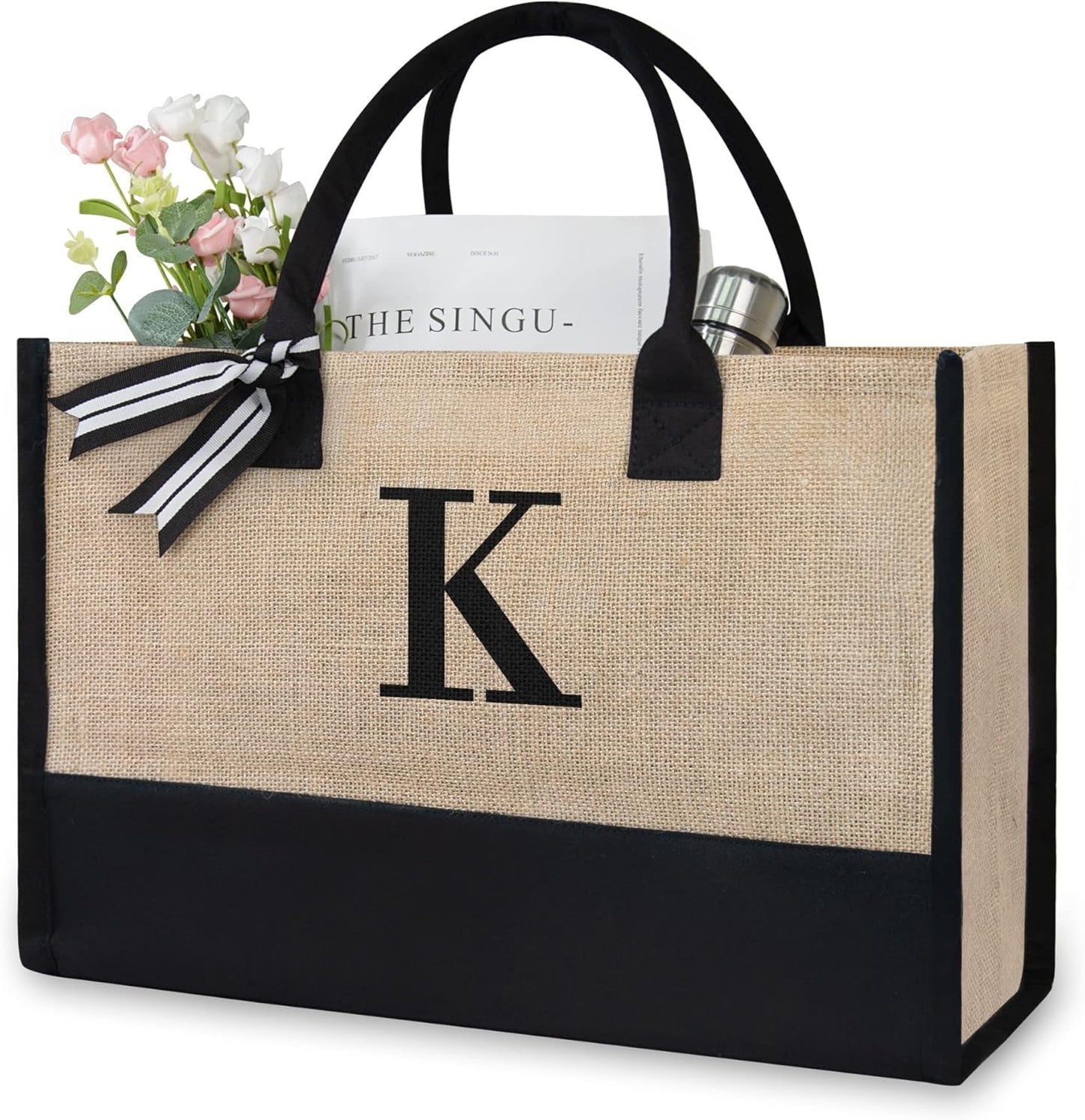 TOPDesign Initial Jute/Canvas Tote Bag, Personalized Present Bag, Suitable for Wedding, Birthday, Beach, Holiday, is a Great Gift for Women, Mom, Teachers, Friends, Bridesmaids (Letter K)