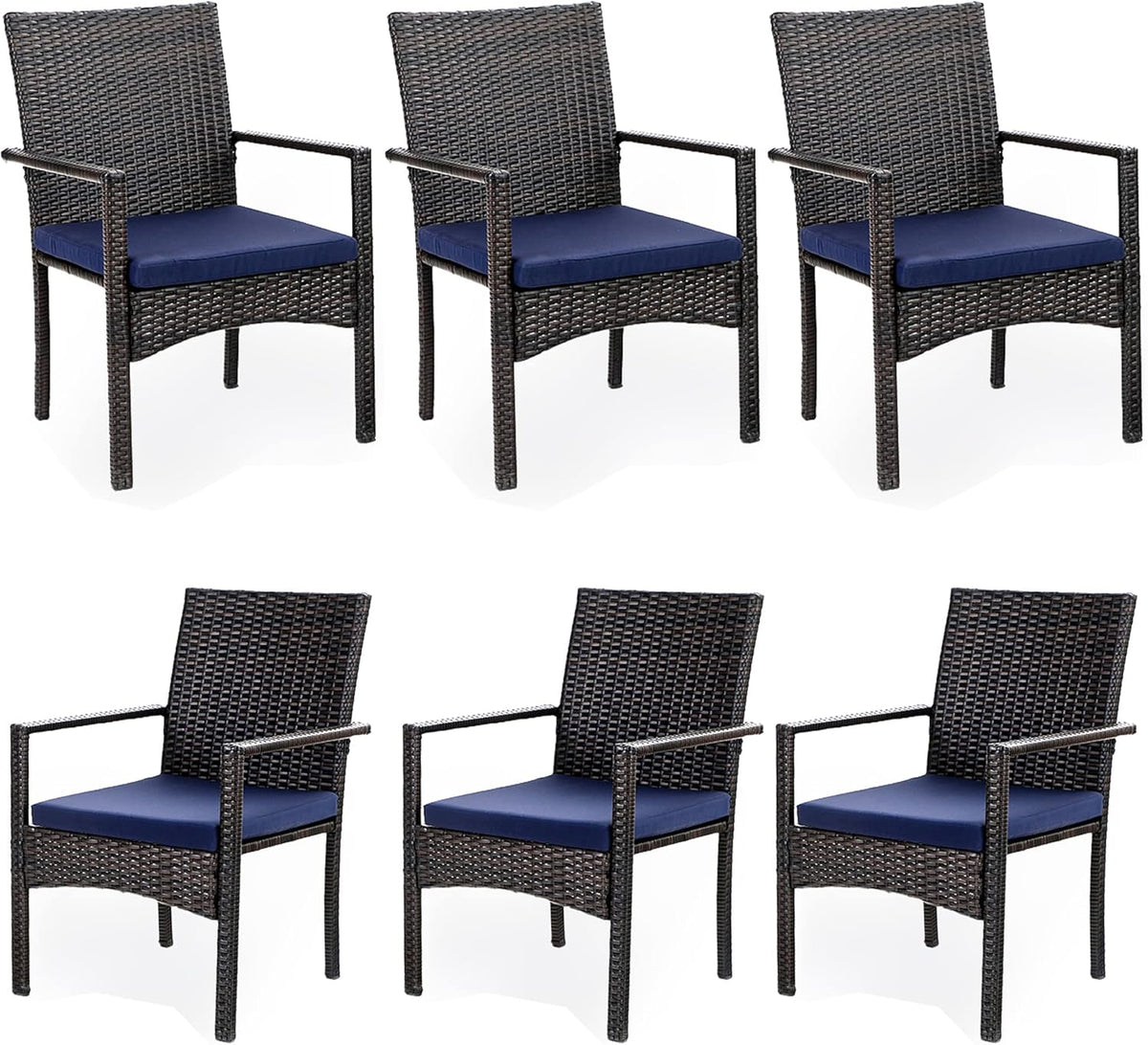 PHI VILLA Outdoor Rattan Dining Chairs Set of 6, Modern Wicker Armchair with Cushions for Patio, Deck, Yard, Porch - Brown