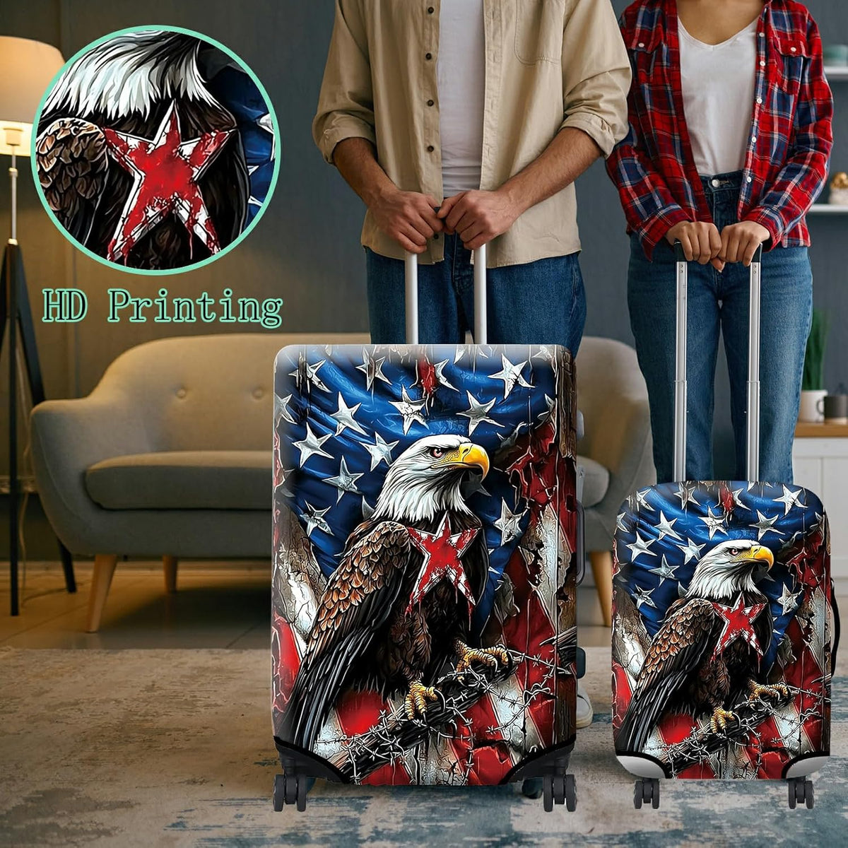 Luggage Cover + Tag, Eagle American Flag Travel Suitcase Protector for 22-24 inch Luggage (M) with Concealed Zipper, Washable Elastic Cloth, Dustproof, Anti-Scratch