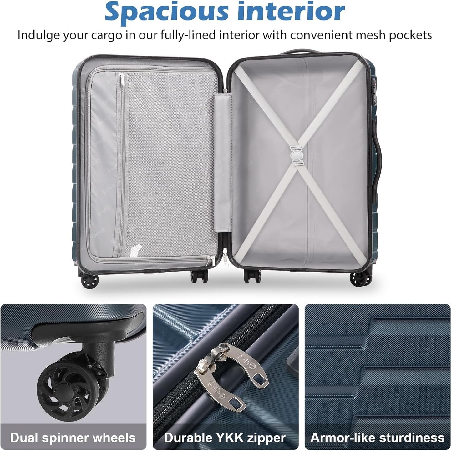 Coolife Larage Luaggage Hardside Expandable Suitcase with Spinner Wheels Checked 28-Inch（silver）