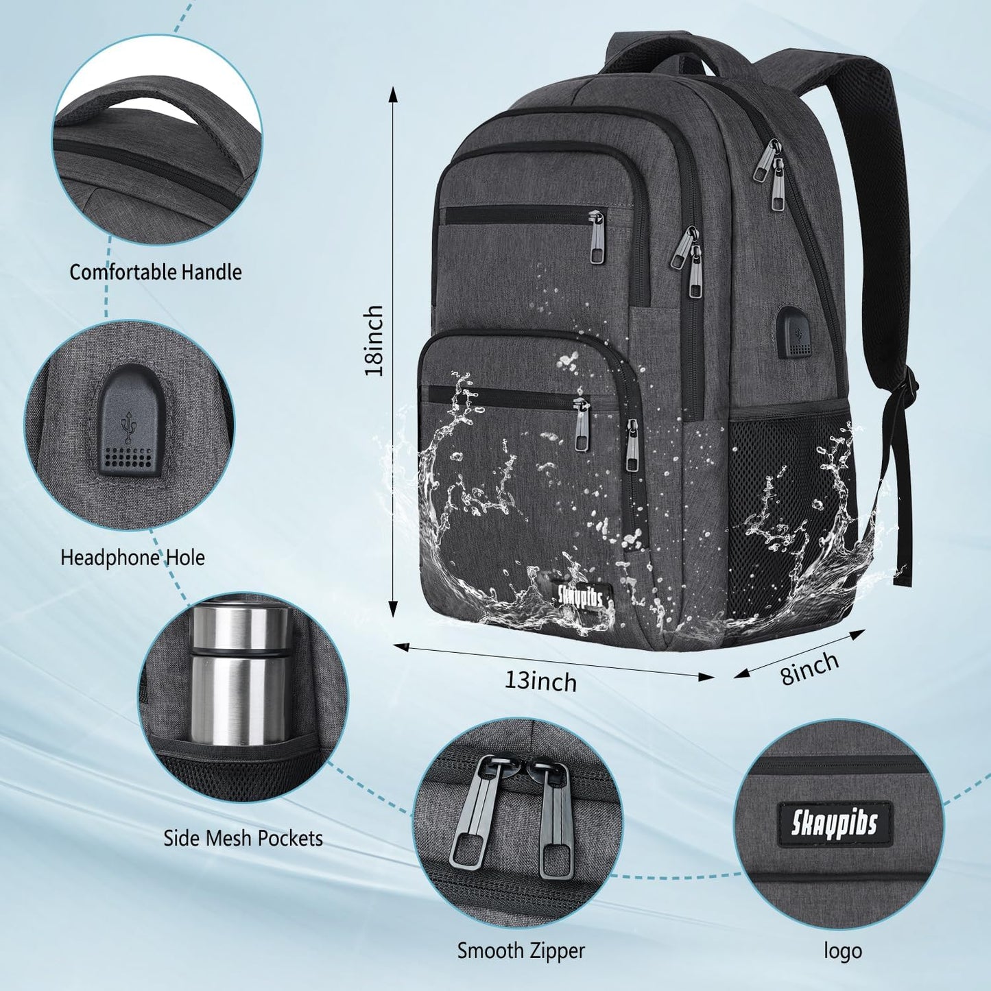 Backpck for Men Women, School Backpack for Boys Teens, 15.6 inch Laptop Back Pack with USB Charger Port, Bookbag with USB Charger for College High Middle School Travel Business Work Mochilas Black
