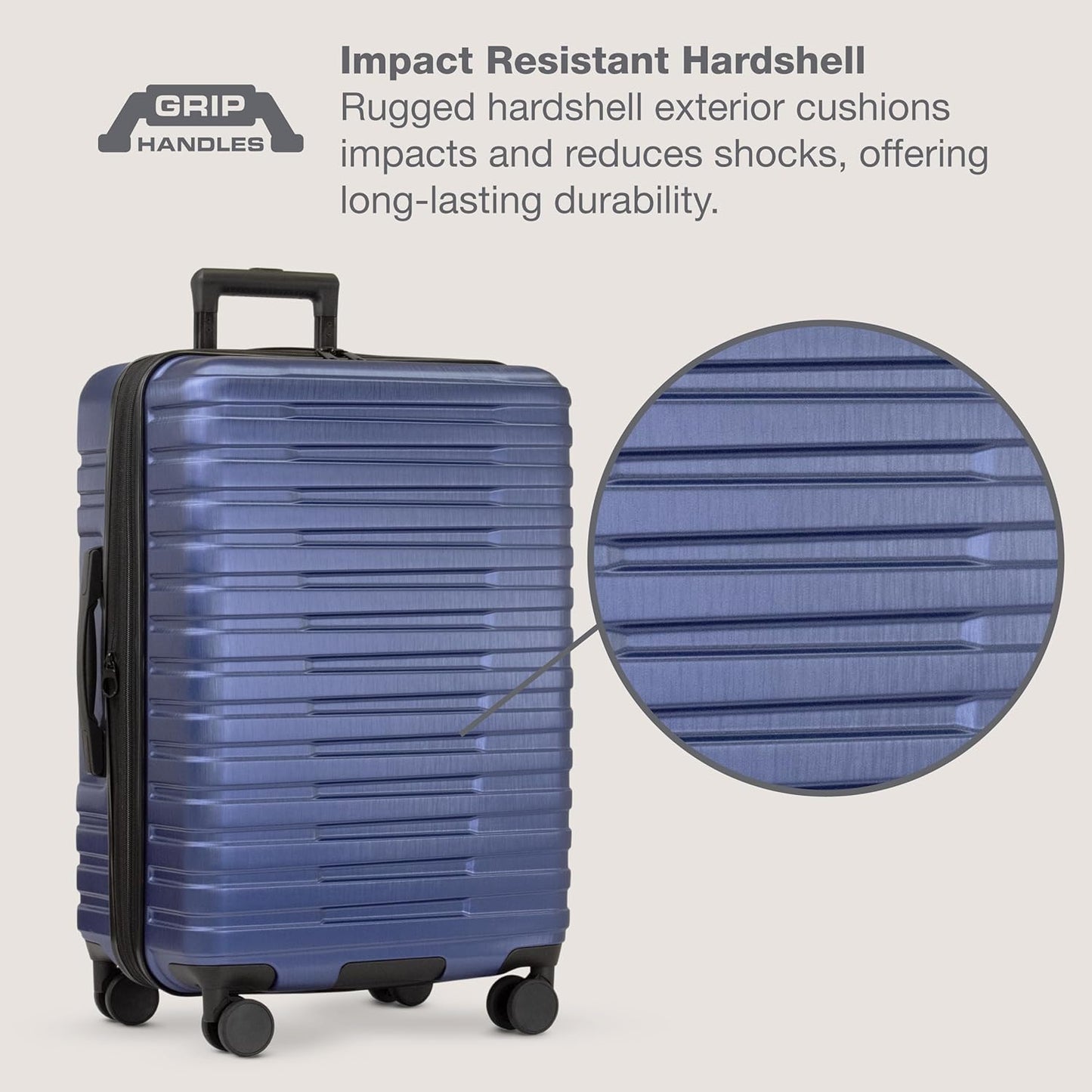 U.S. Traveler Boren Polycarbonate Hardside Rugged Travel Suitcase Luggage with 8 Spinner Wheels, Aluminum Handle, Navy, 3-Piece Set, USB Port in Carry-On