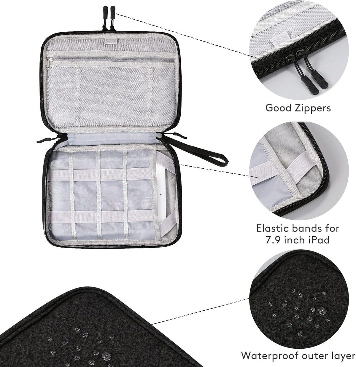 DDgro Travel Electronics Organizer Pouch Bag for Tech Gadgets & Airplane Accessories, for Cables/Cords & Chargers/iPad Mini (Large, Black)