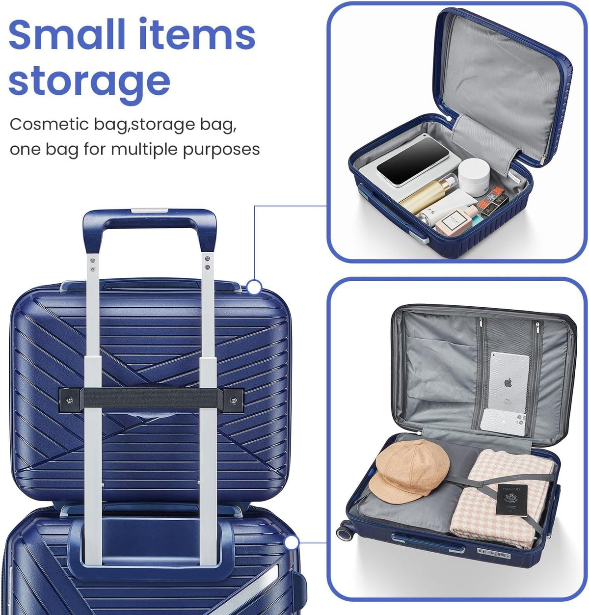 Campfun Luggage 4 Piece Sets, Expandable Carry On Luggage Set Hardshell PP, Suitcase Set with Double Spinner Wheels, Checked Durable Lightweight with TSA Lock, 14in 20in 24in 28in-Blue(B)