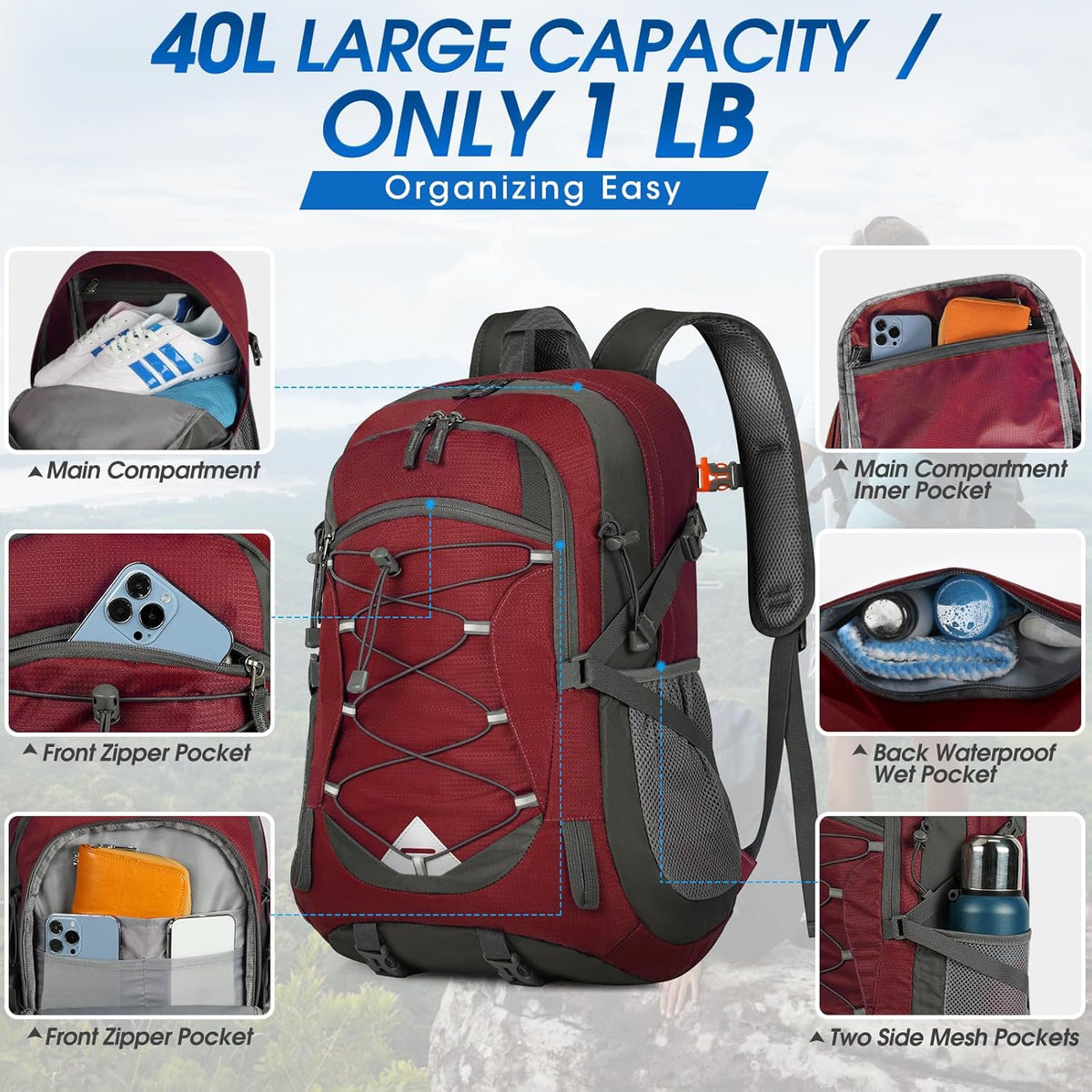 IGOLUMON Hiking Backpack 40L Packable Lightweight Camping Backpack Men Women Waterproof Hiking Daypack Outdoor Travel Daypack