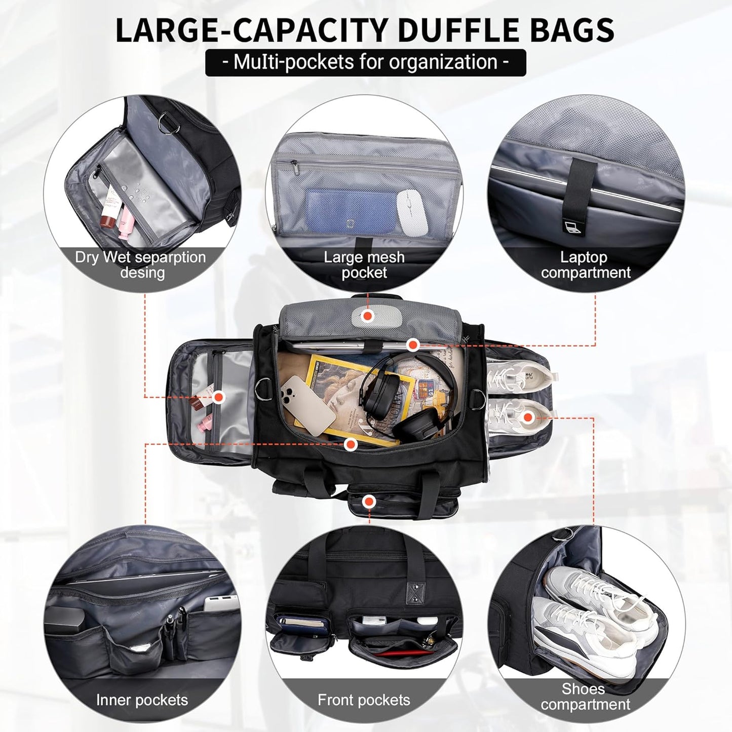 WITZMAN Travel Duffel Bags for Men Large Carry On Weekender Overnight Bag 3 in 1 Backpack with Shoe Compartment （B693 Black）