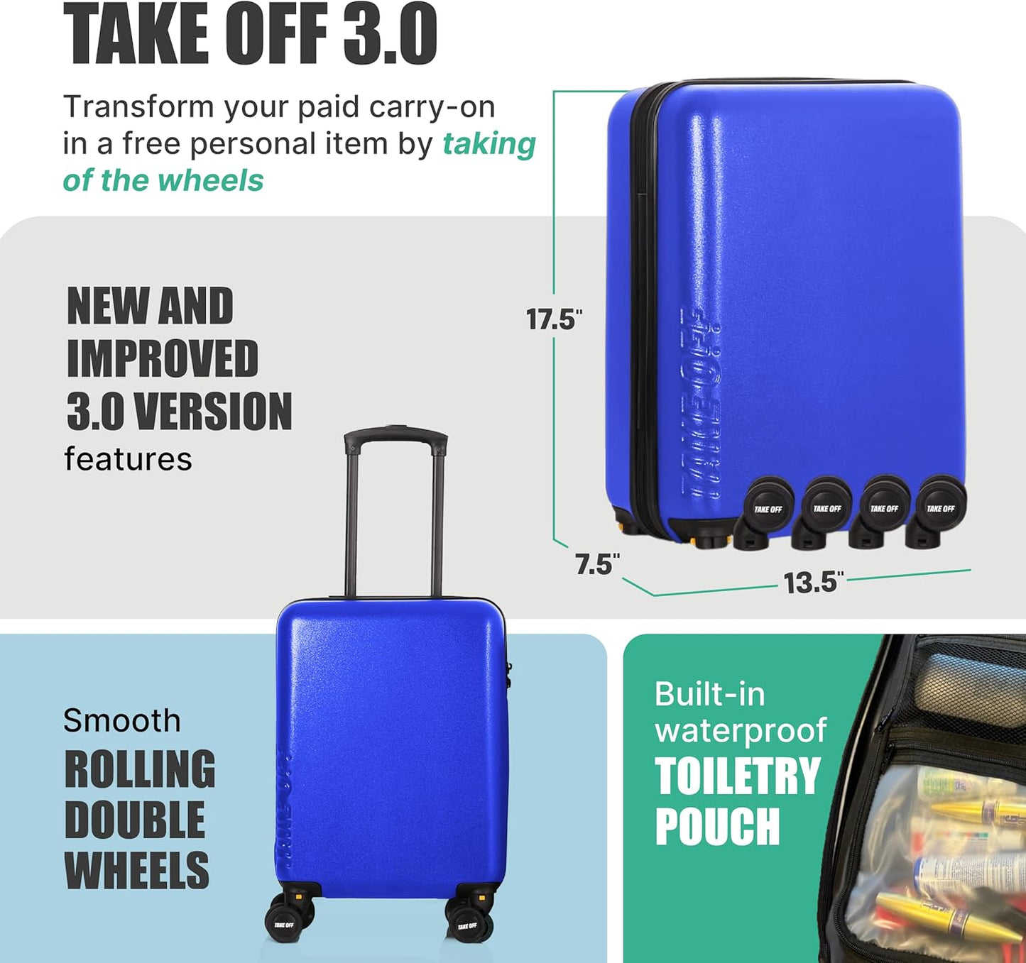 Take OFF Luggage Personal Item 3.0 – 18x14x8 Underseat Carry On with Removable Wheels – TSA Lock, Hardshell Suitcase – Fits Tight Airline Size Rules – No-Fee Lightweight Travel Bag