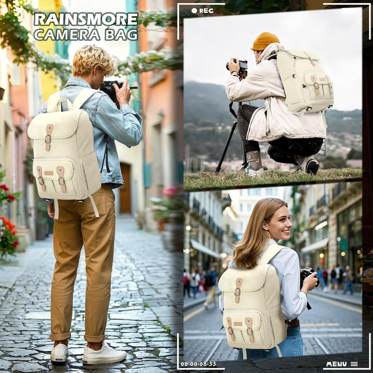 RAINSMORE Camera Bag Backpack for DSLR/SLR Mirrorless 15.6 Inch Laptop Camera Back Pack for Photographers Anti-Theft Photography Bags Case with Tripod Holder & Rain Cover, Beige