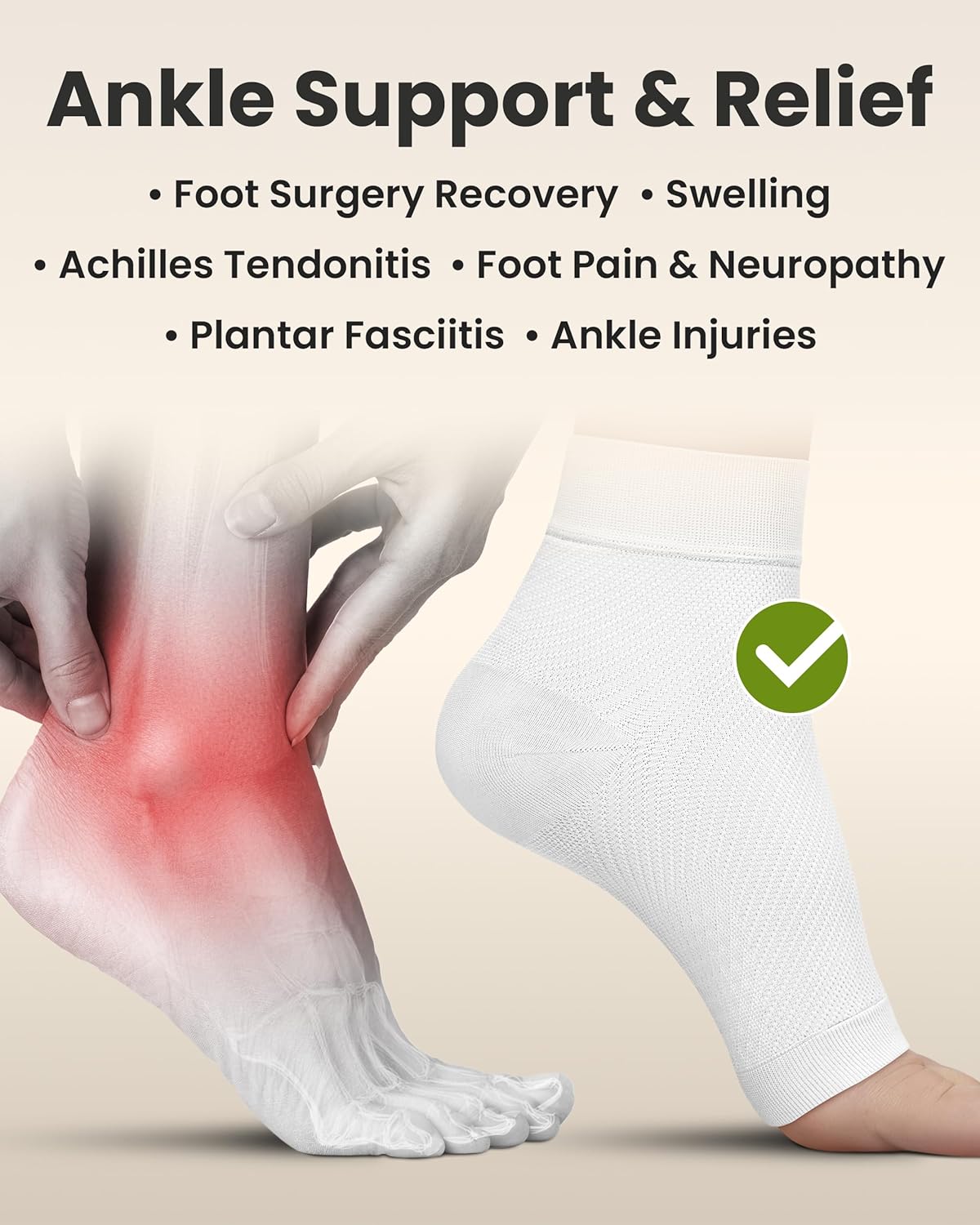 KEMFORD Ankle Compression Sleeve - Plantar Fasciitis Braces - Open Toe Compression Socks for Swelling, Sprain, Neuropathy, Foot Arch Support for Men and Women - 20-30mmhg, L, White
