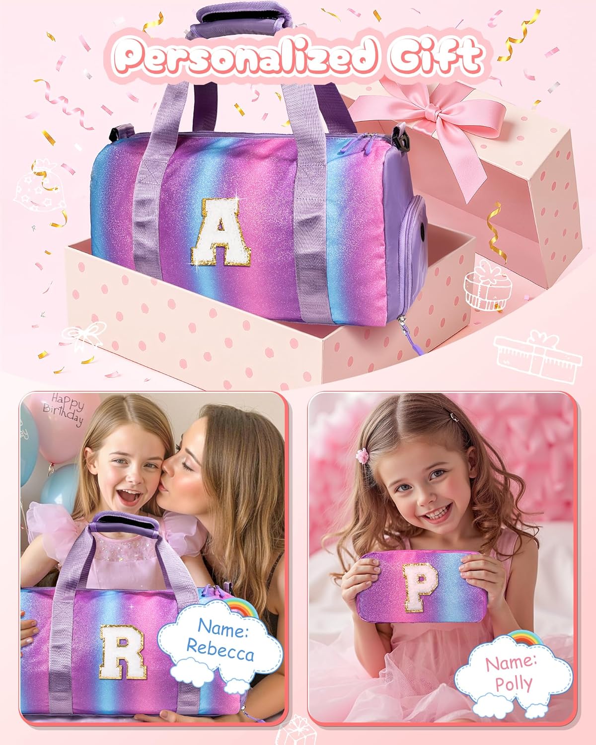 Birthday Gifts for 3 4 5 6 7 8 9 10 11 12 Year Old Girls-Girl Gym Bag with Shoe Compartment, Kid Personalized Weekender Dance Bags, Initial Travel Tote with Makeup Pouch (Letter B)