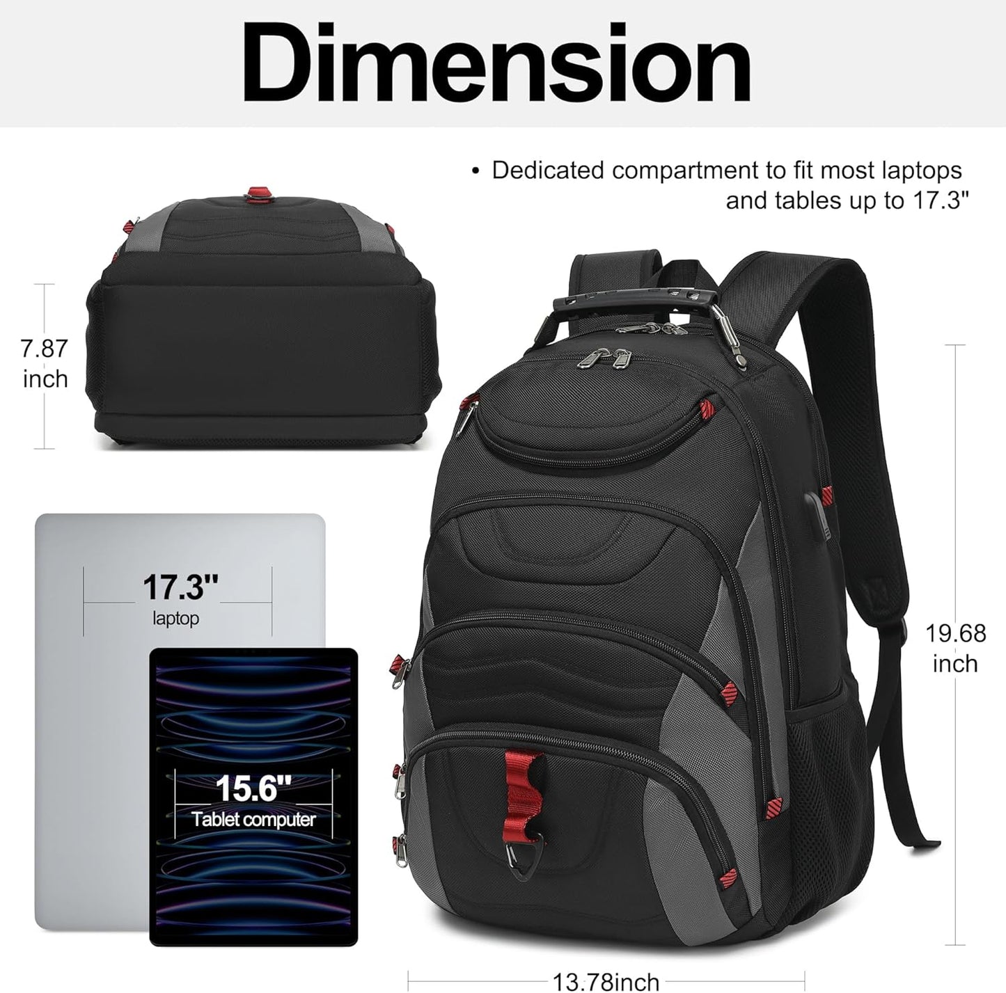 Boavan Laptop Backpack for men, 17.3 inch Laptop Bag with USB Port, Waterproof Travel Work Backpack Purse, Anti-Theft Teacher Nurse Doctor Casual Bookbags Office Business backpack，Black&Dark Grey