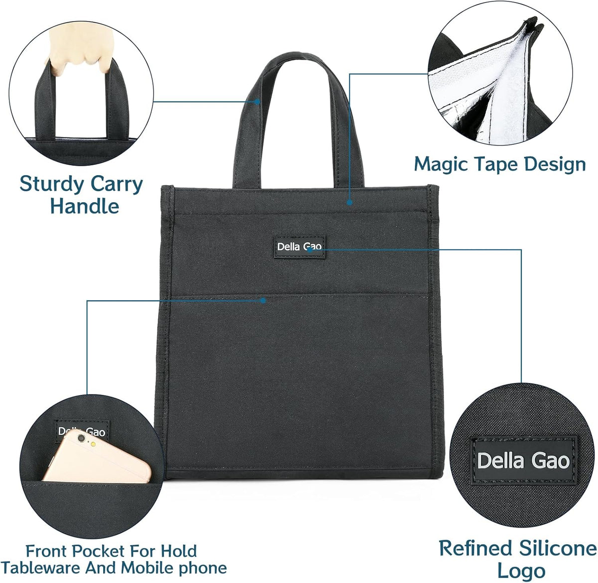 Della Gao Insulated Lunch Bag for Women Men, Waterproof Small Lunch Tote Lunch Box, Reusable Lunch Bags for Work, Party, Travel and Picnic (Black)