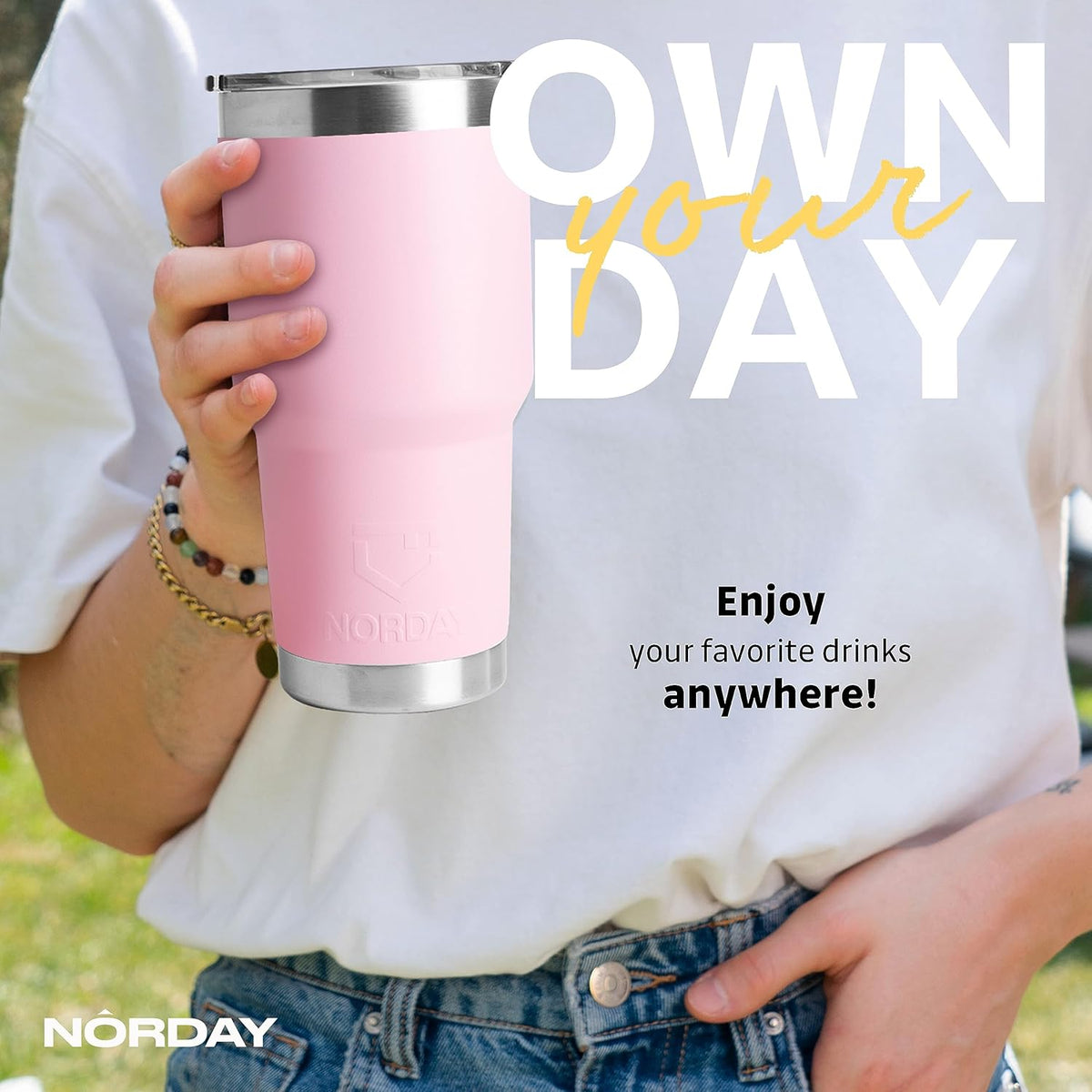 NORDAY | Tumbler with Lid - 30oz - Light Pink Insulated Tumbler - Stainless Steel Tumblers - Double Wall Insulated Travel Coffee Mug for Car Cup Holder - Keeps Temperature for 24hr - Anti Spill Lid