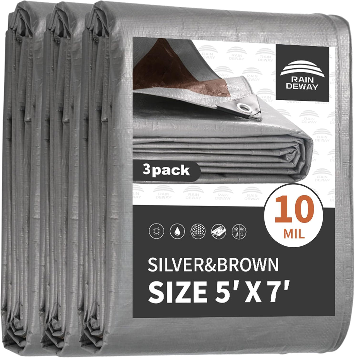 Tarps Heavy Duty Waterproof 5x7 Feet (3 Pack), 10Mil Multipurpose Small Tarp Cover with Metal Grommets and Reinforced Edges, Silver/Brown Tarp by RAINDEWAY